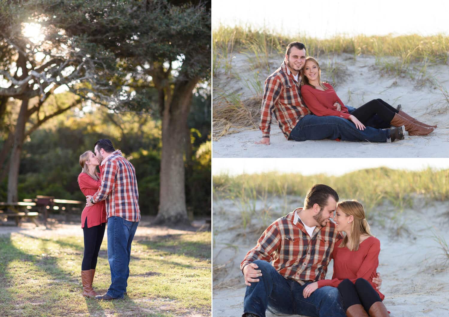 Engagement portrait backlit by sunset coming through the trees