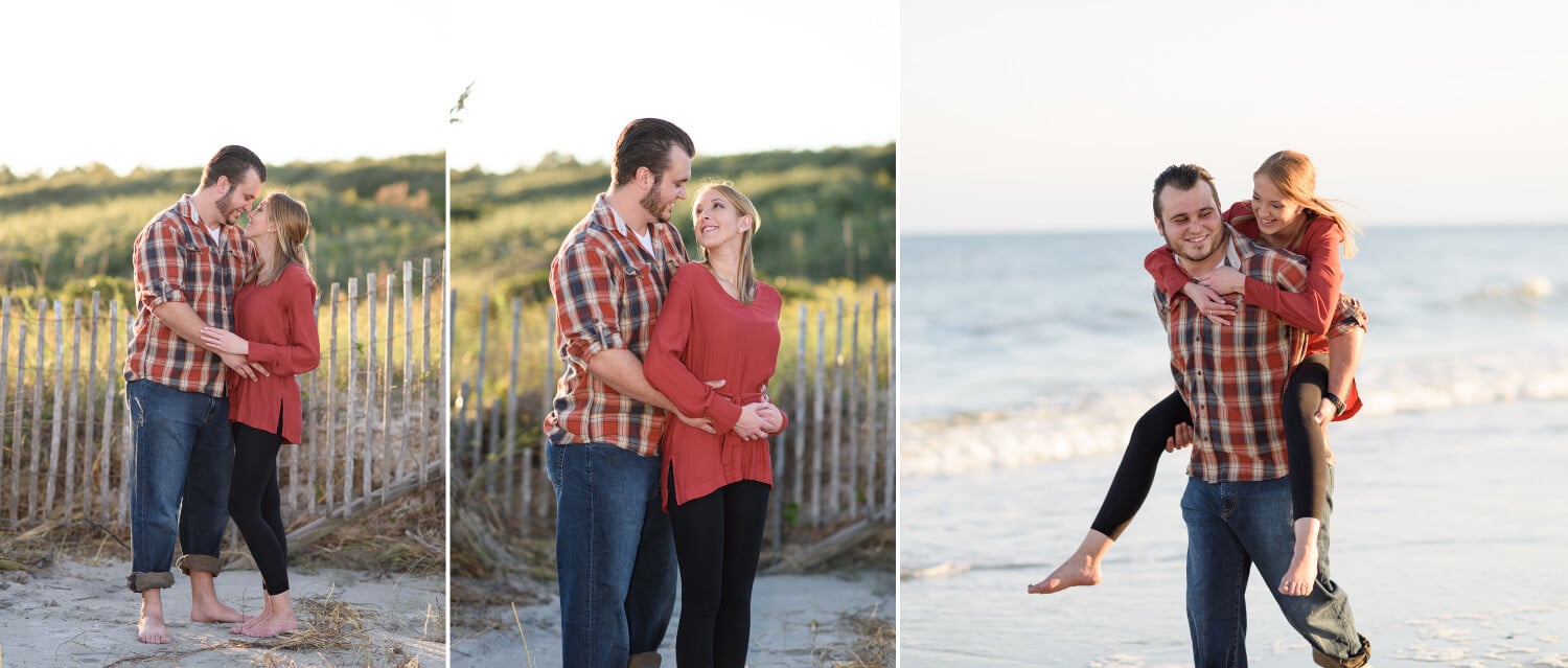 Giving fiance a piggy back ride down the beach