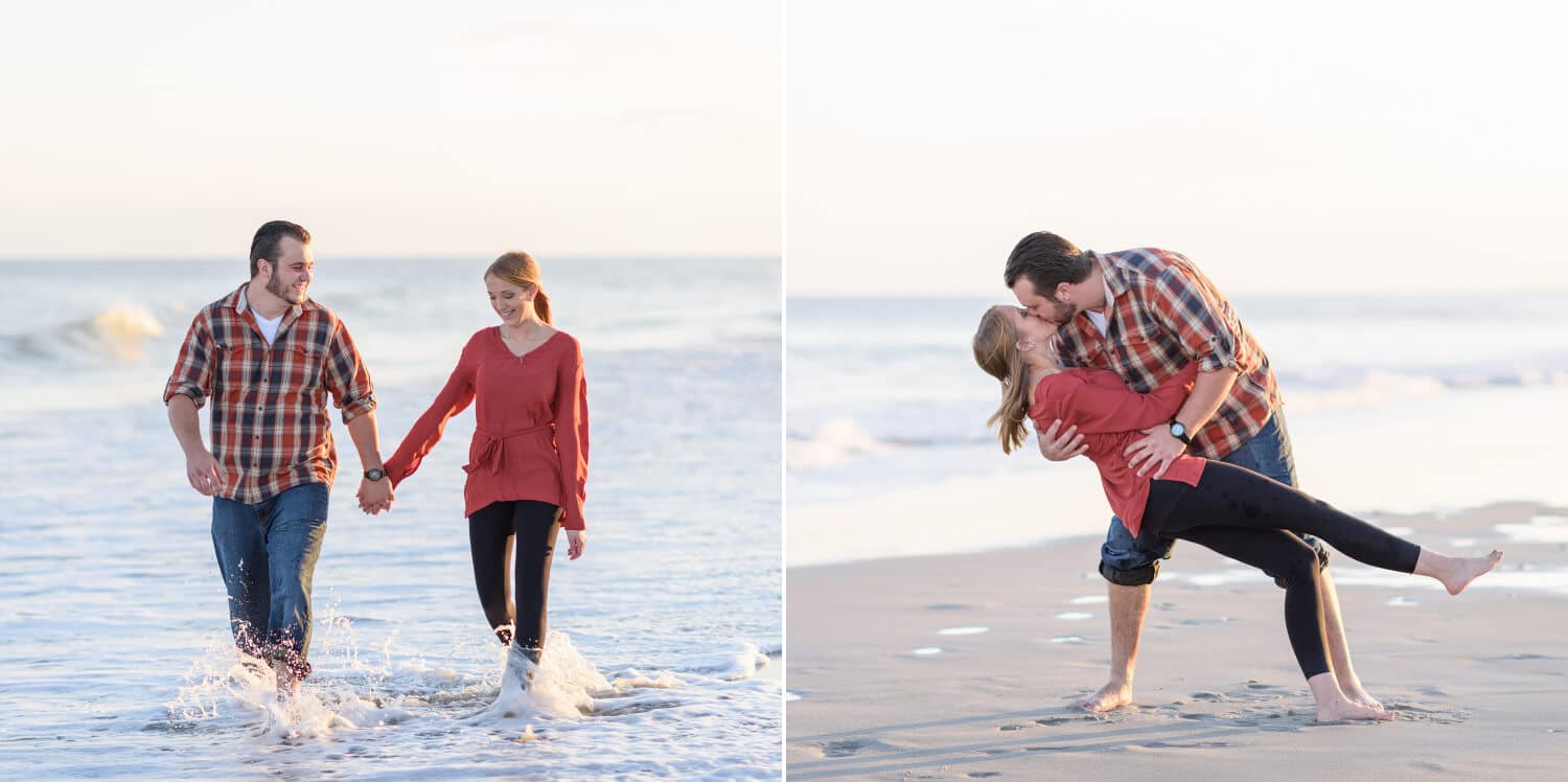 Couple walking through the ocean together