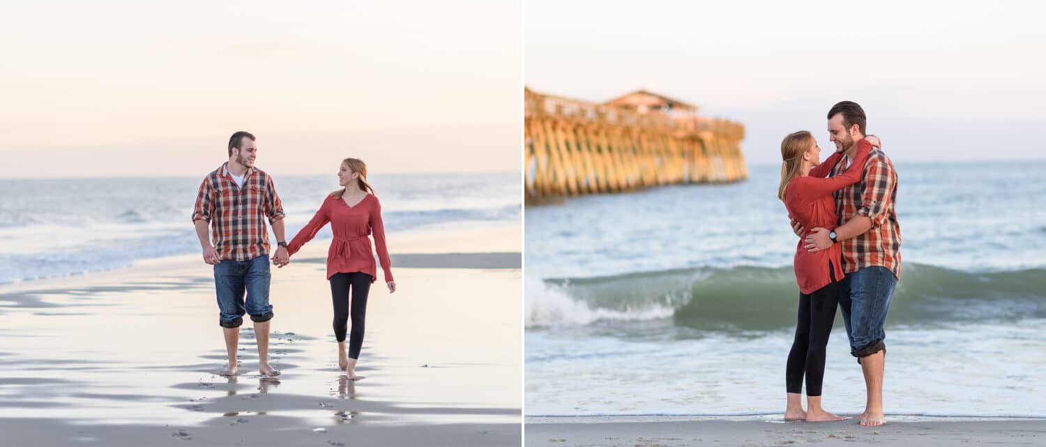 Couple holding hands walking down the beach at sunset