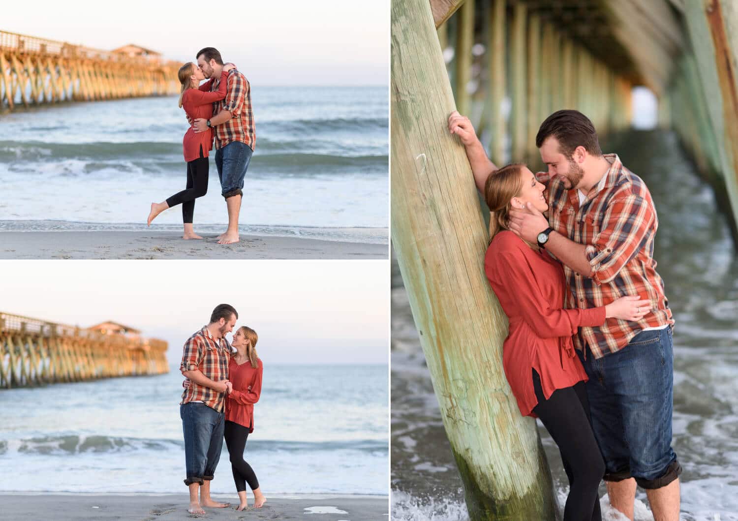 Couple smiling at each other leaning against the pier at the Myrtle Beach State Park