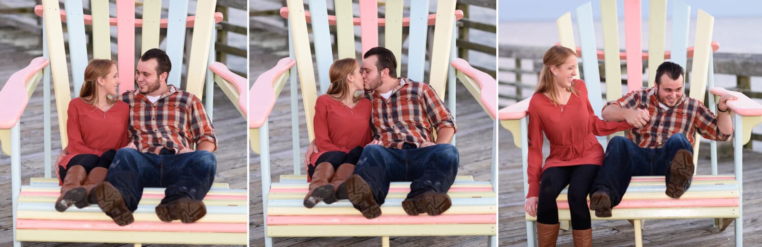 Couple sitting in big chair on pier