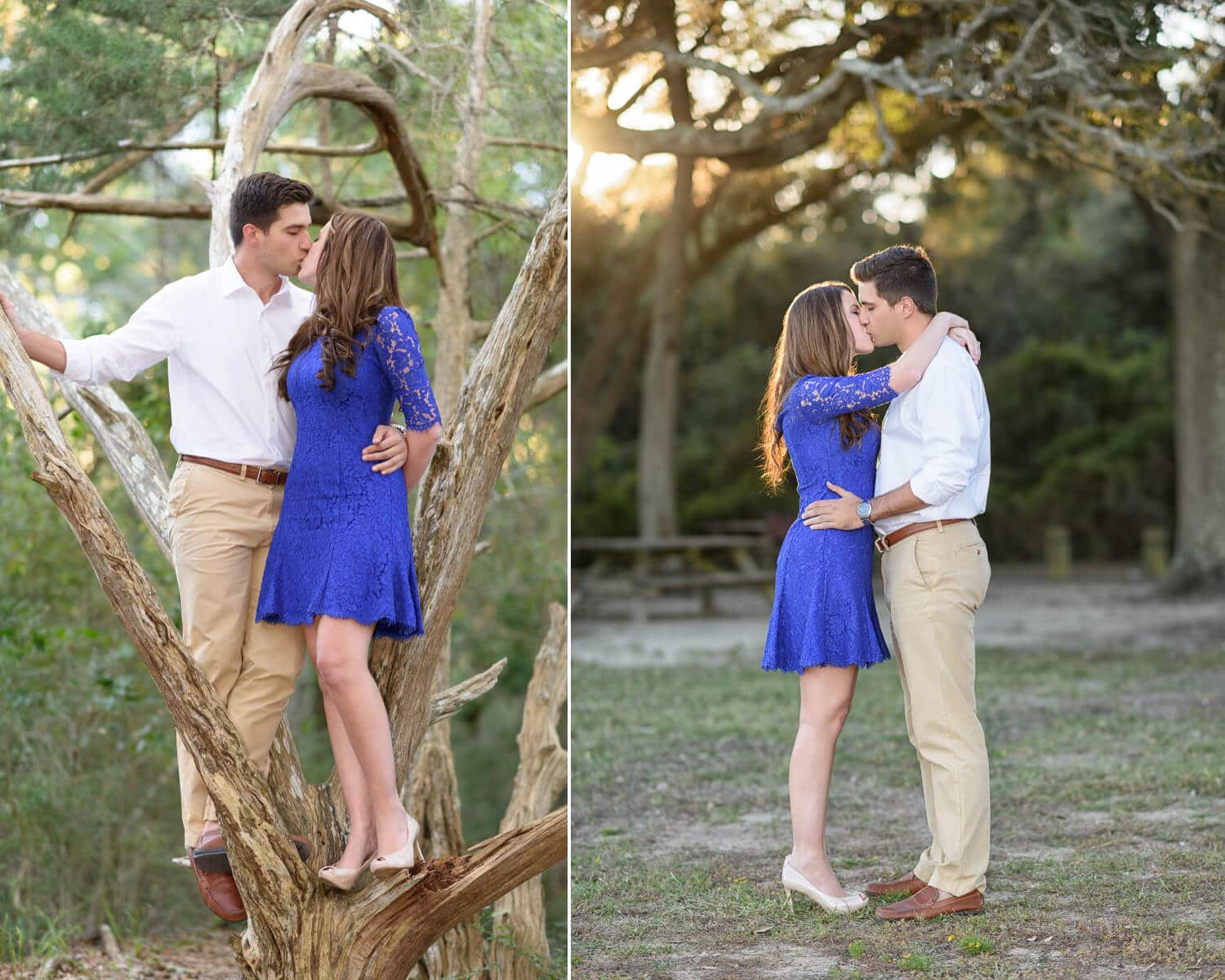 Couple kissing backit by sunset in the trees