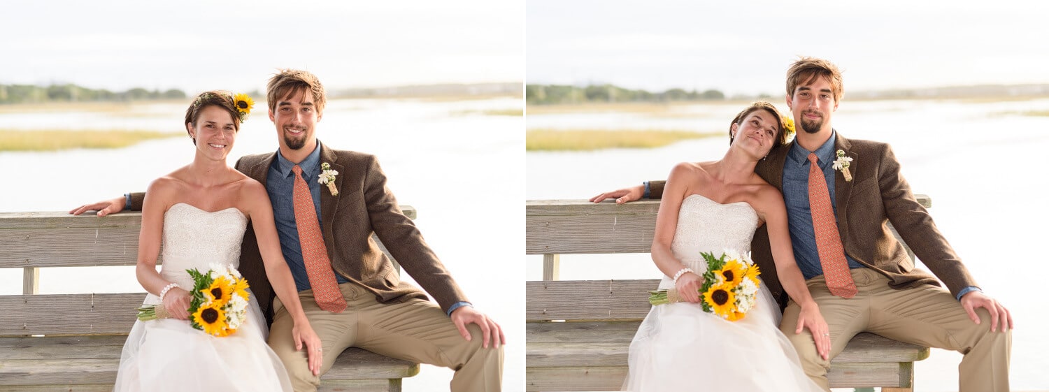 Wedding couple sitting together in front of marsh in Pawleys Island