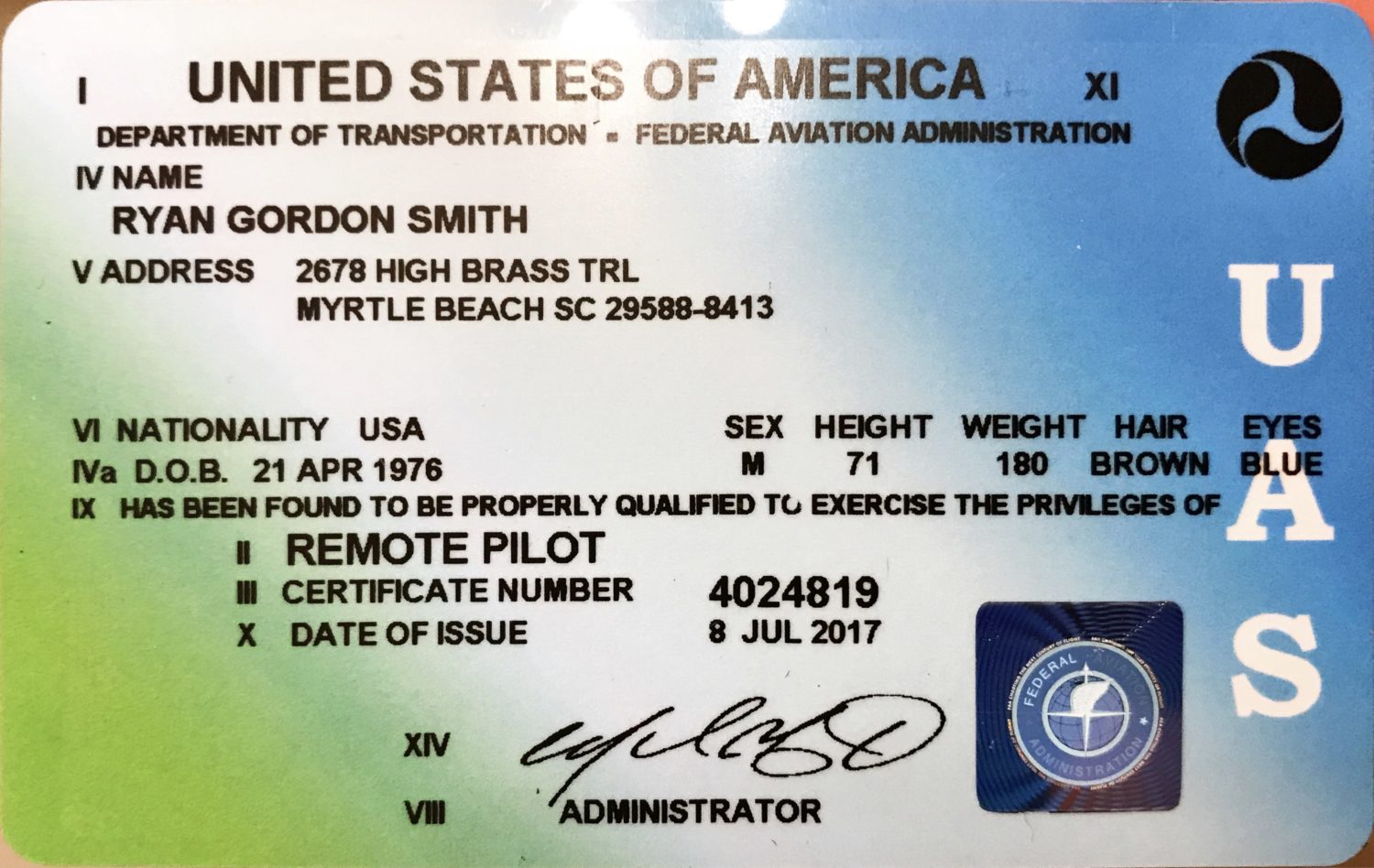 Remote Pilots License Certificate