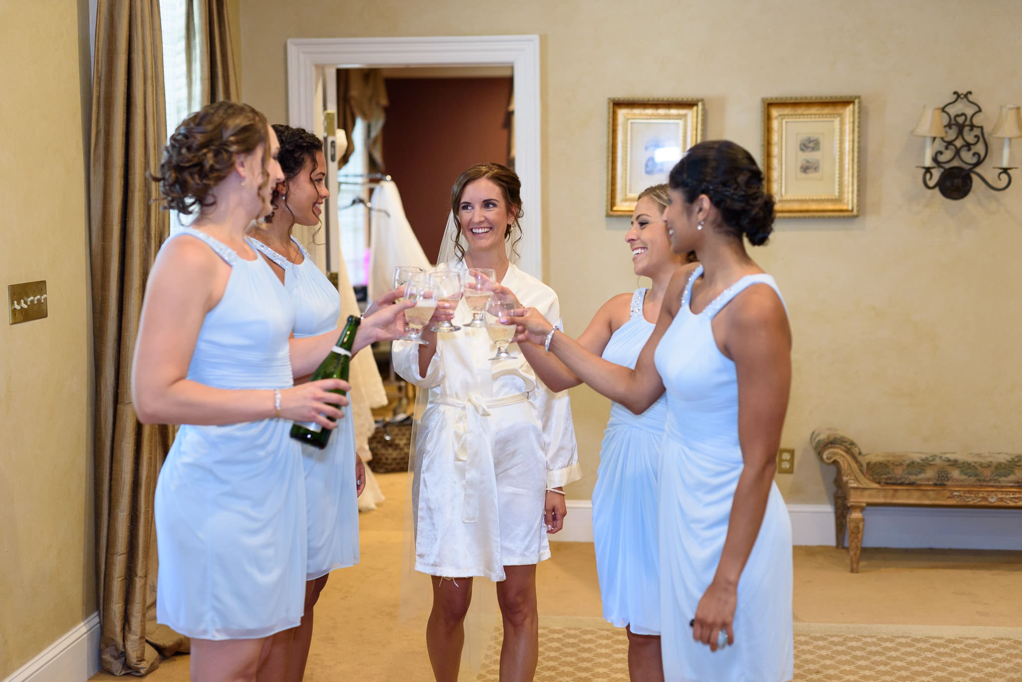 Bridesmaids having champagne before ceremony - Pawleys Plantation