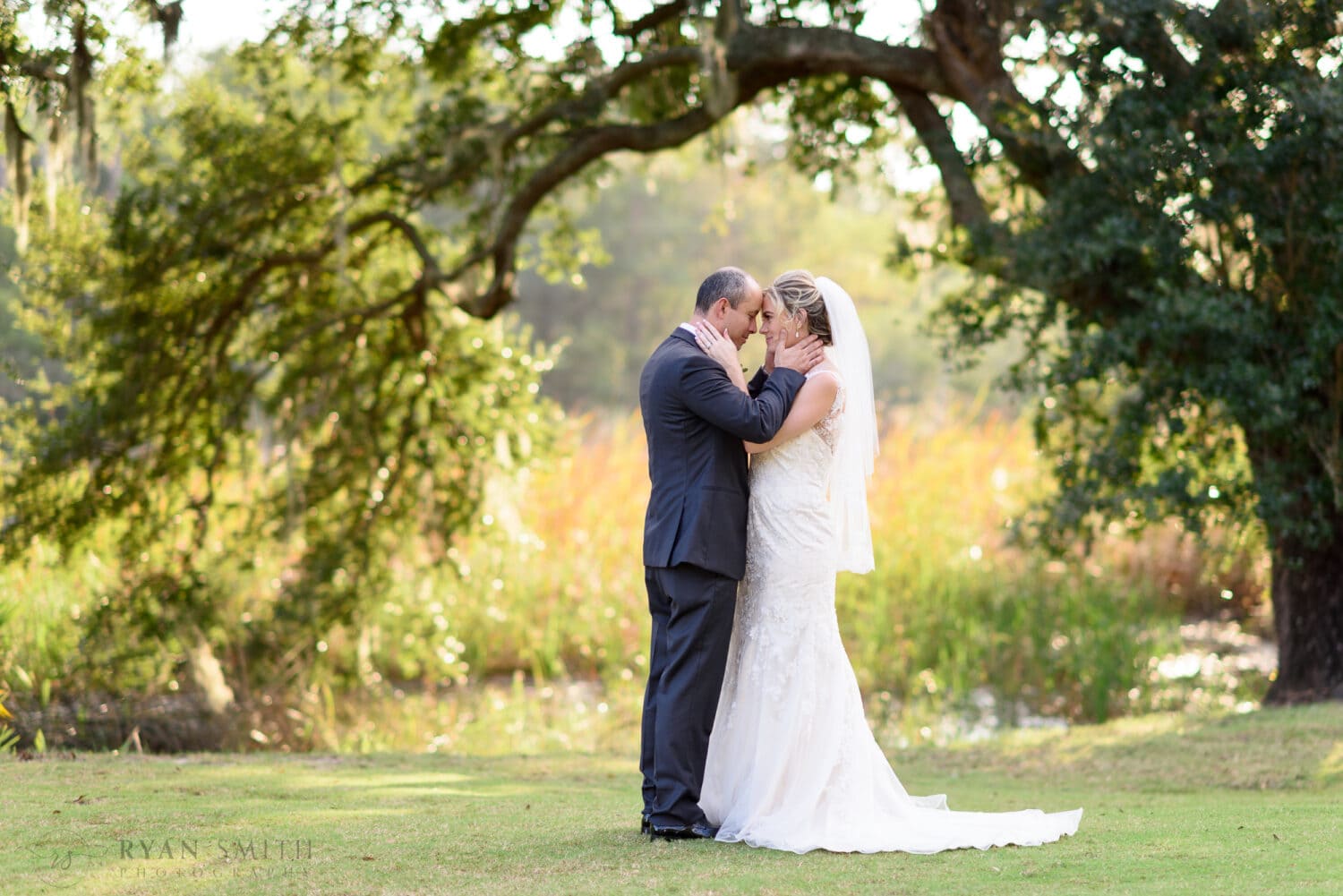 Bride and groom under the oak tree - Pawleys Plantation Golf & Country Club