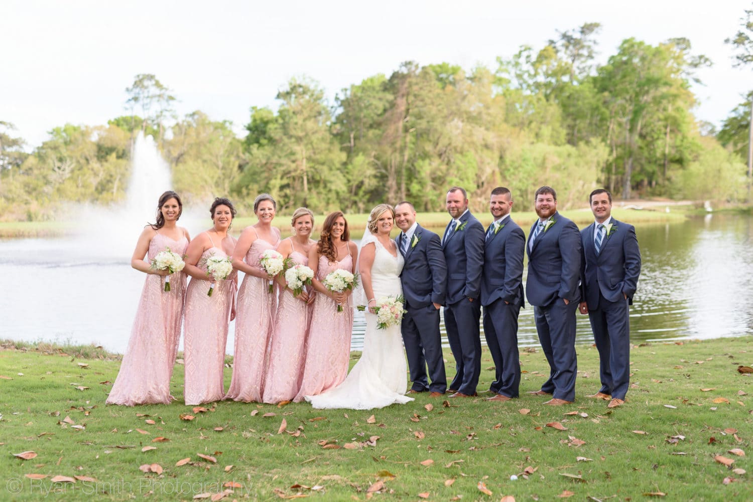 Bridal party in front of the lake - Pawleys Plantation
