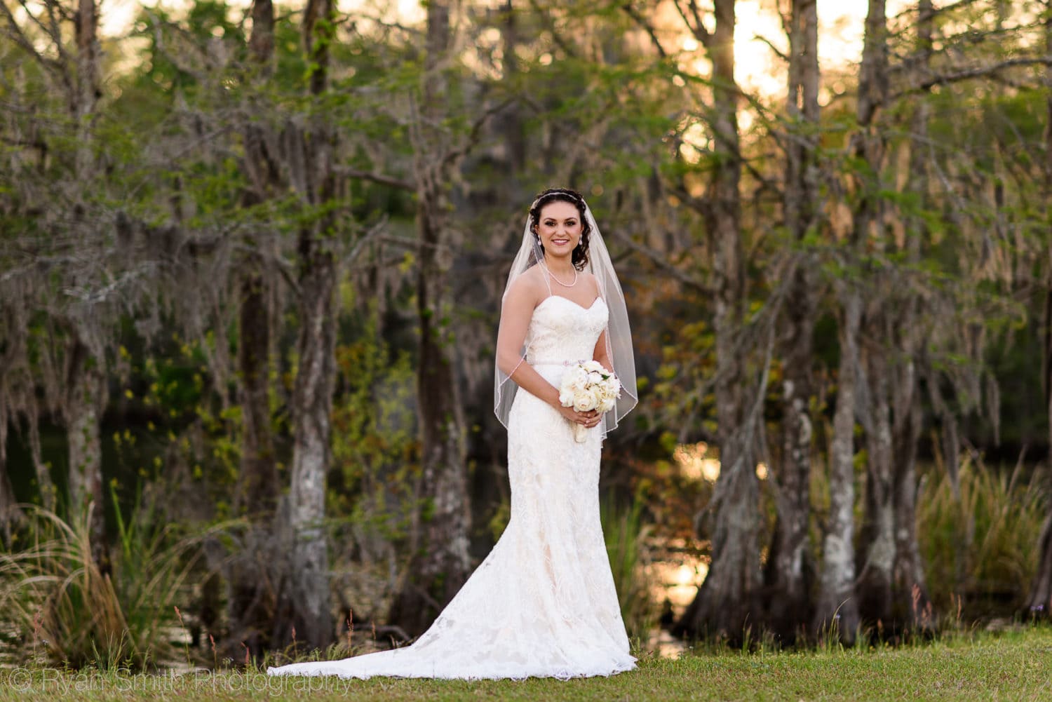 Bridal portrait with lots of trees in the marsh - Upper Mill Plantation