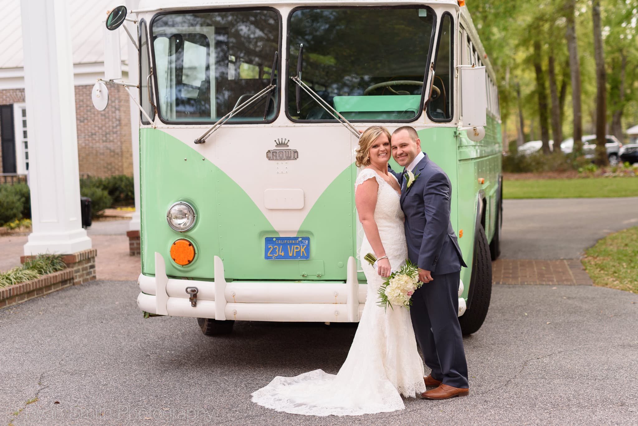 Bride and groom in front of the bus - Pawleys Plantation