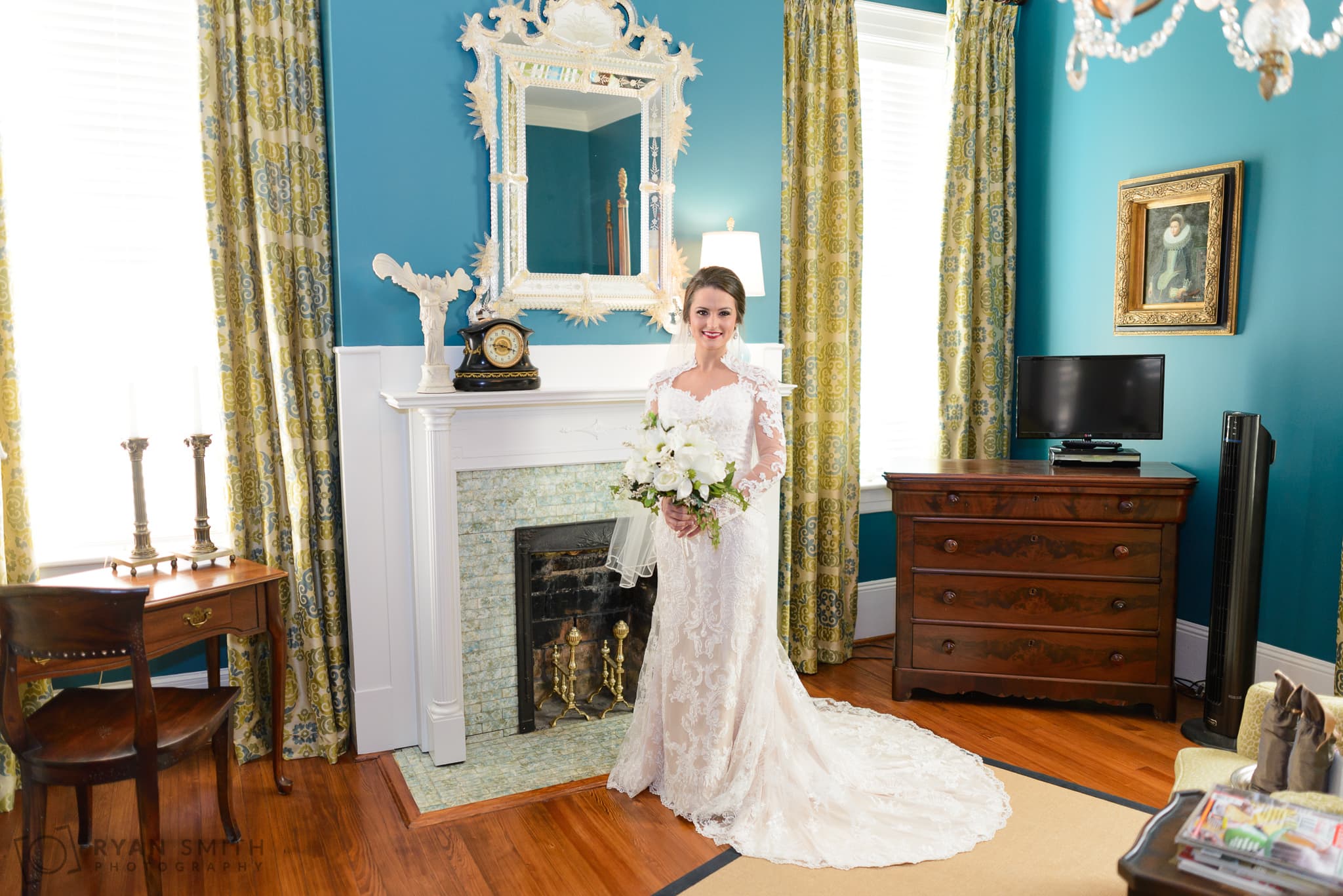 Bride by bedroom fireplace - Rosewood Manor, Marion