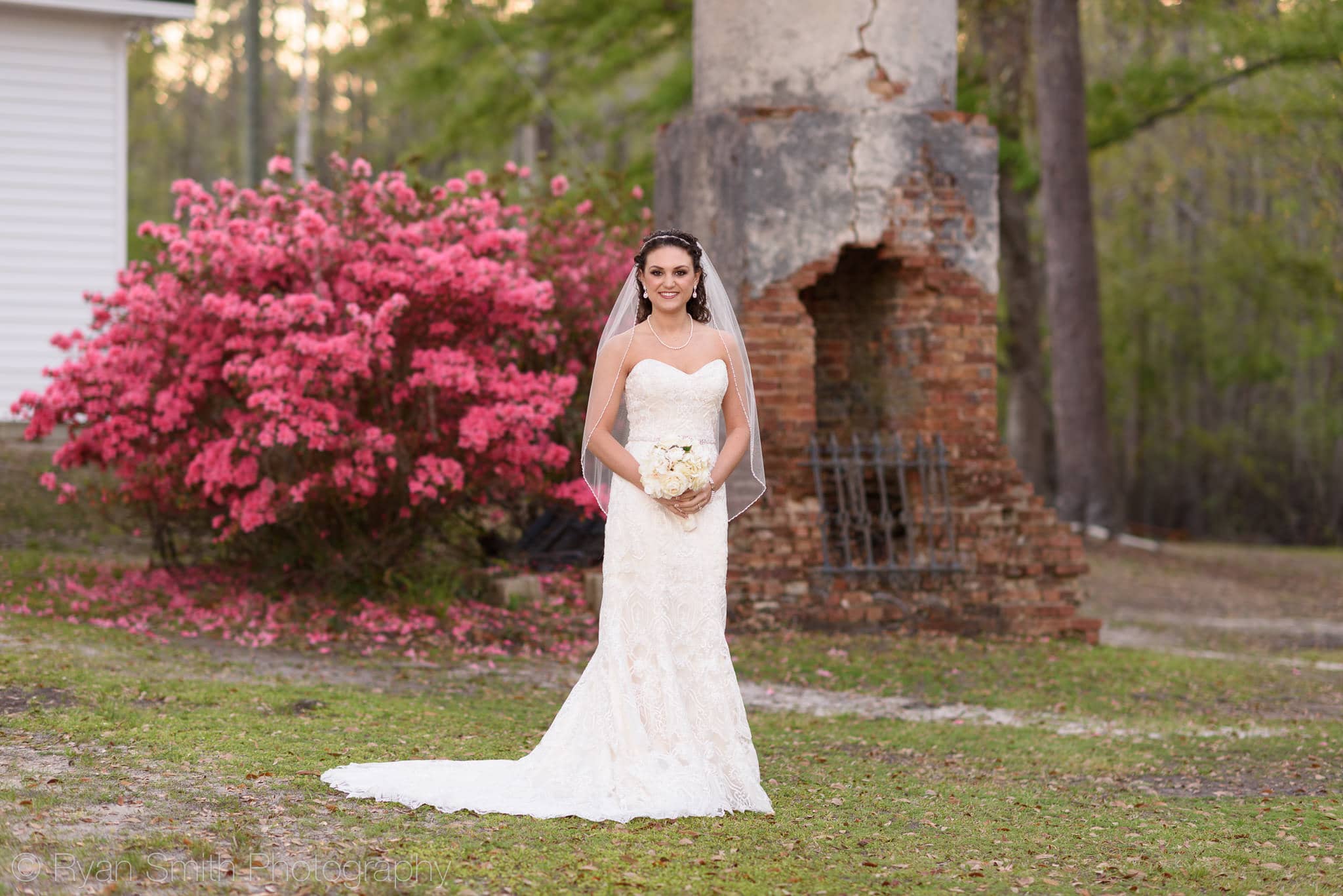 Bride in front of the old fireplace - Upper Mill Plantation
