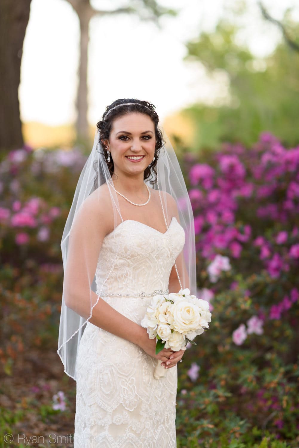 Bride in front of the purple flowers - Upper Mill Plantation