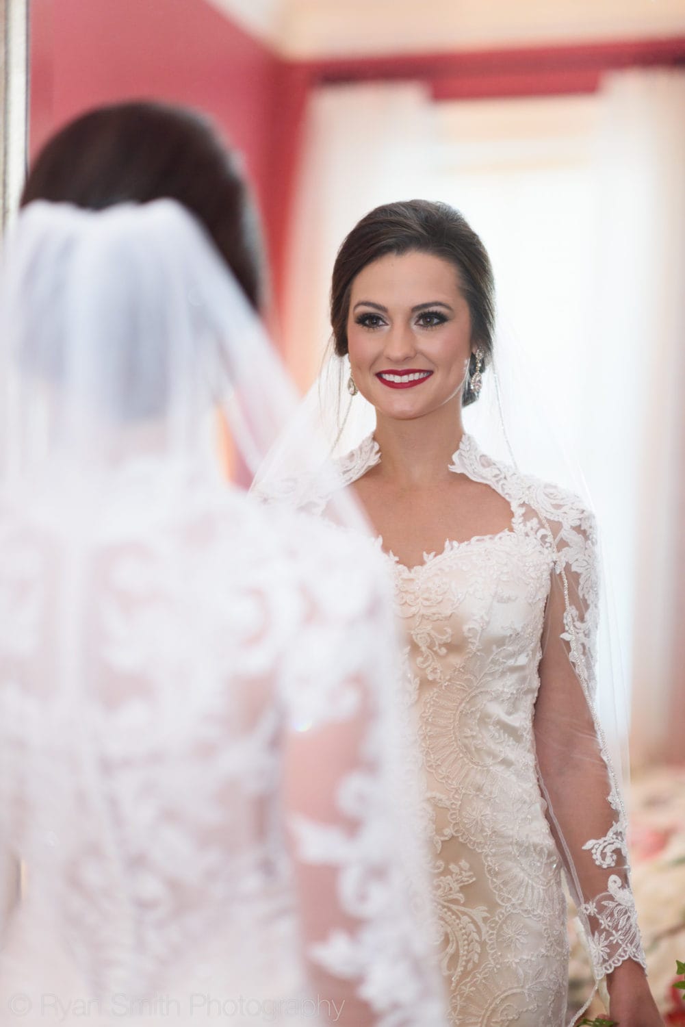 Bride looking in large mirror - Rosewood Manor - Marion - Rosewood Manor, Marion