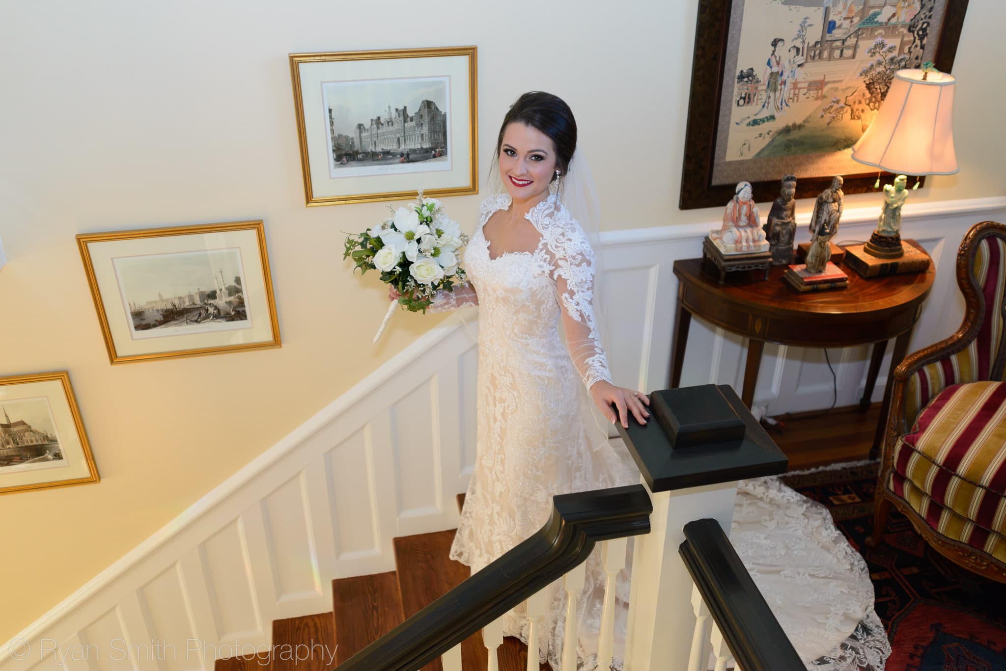 Bride looking up walking down steps - Rosewood Manor - Marion - Rosewood Manor, Marion