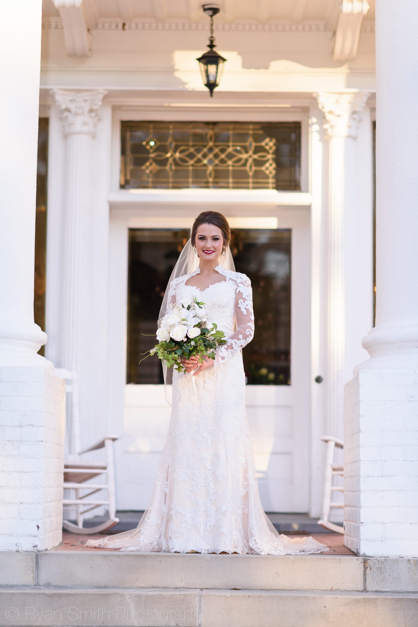Bride on front steps - Rosewood Manor - Marion - Rosewood Manor, Marion