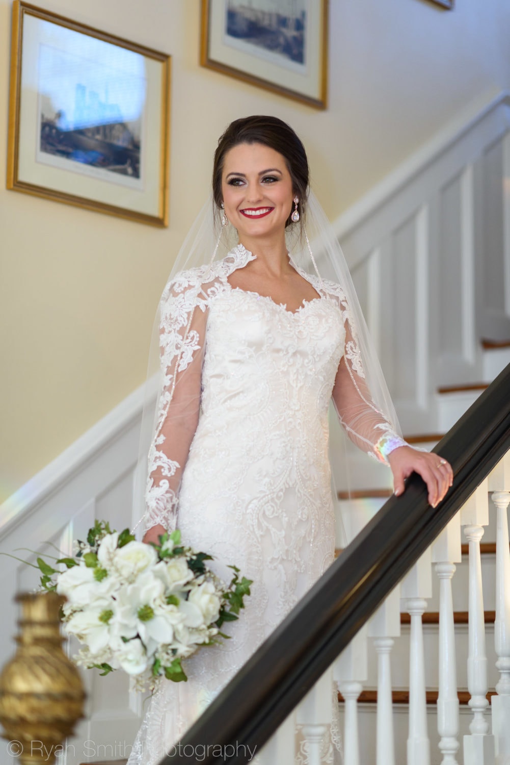 Bride posing by stair rail - Rosewood Manor - Marion - Rosewood Manor, Marion