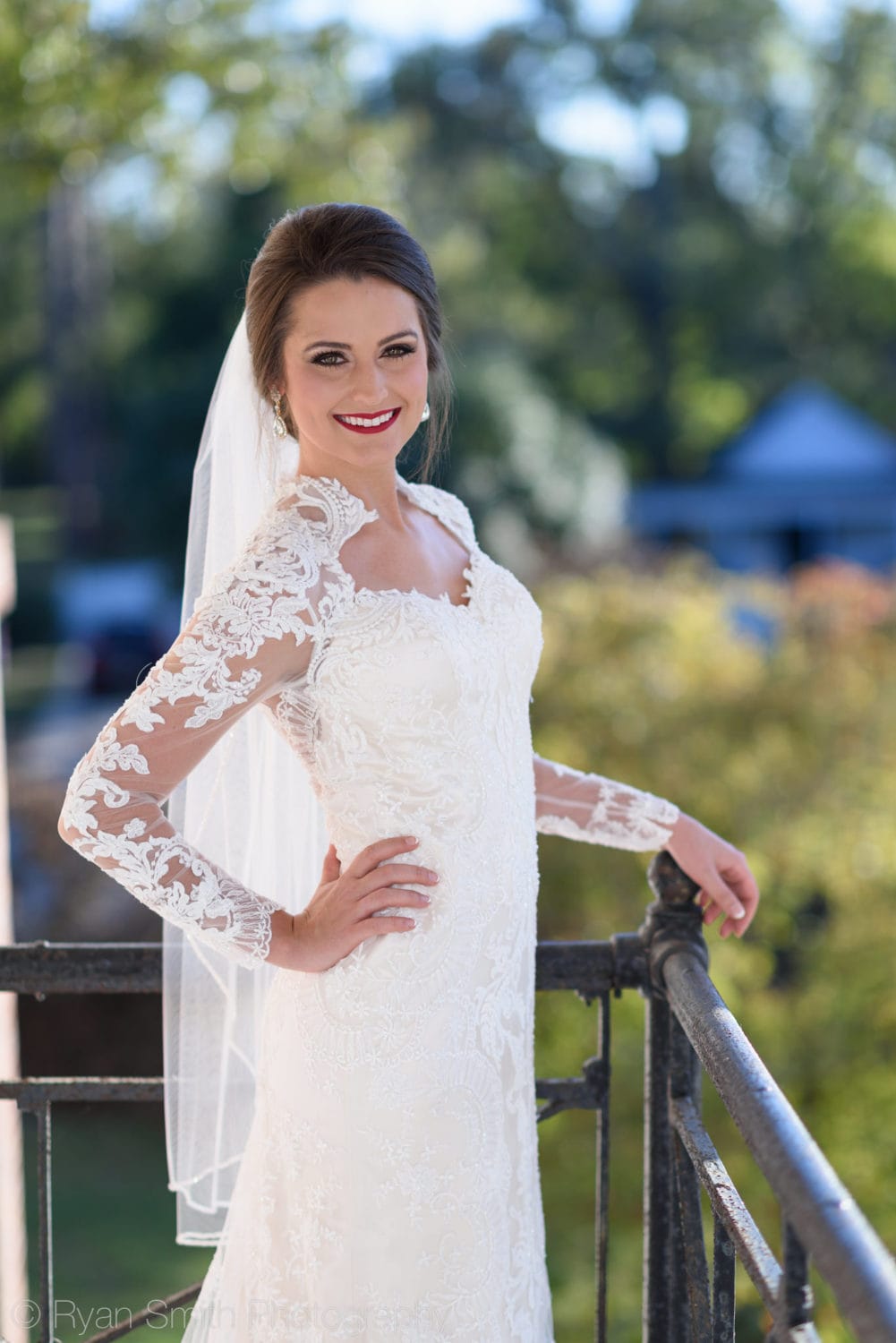 Bride posing on balcony - Rosewood Manor - Marion - Rosewood Manor, Marion