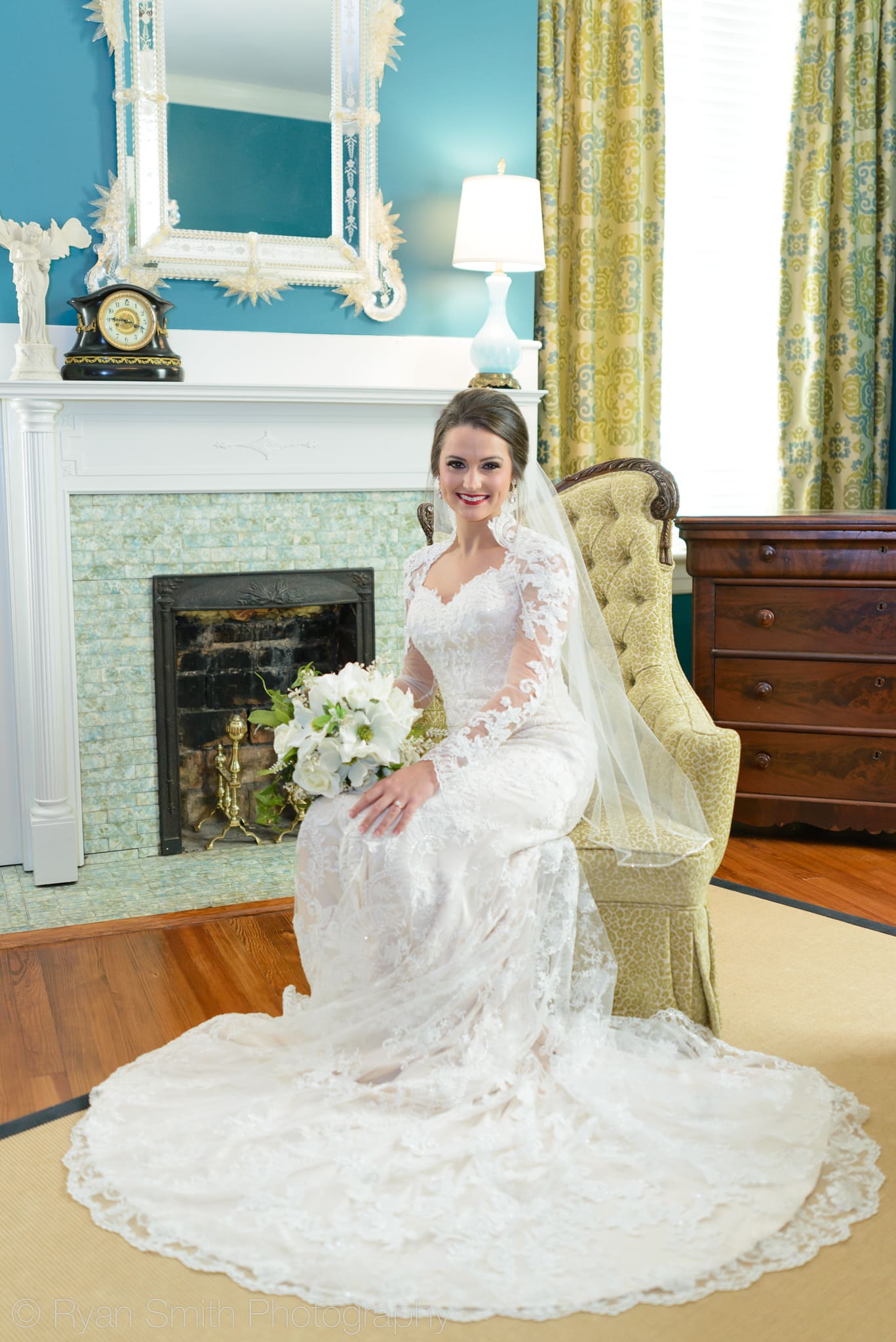 Bride sitting on classic chair - Rosewood Manor - Marion - Rosewood Manor, Marion