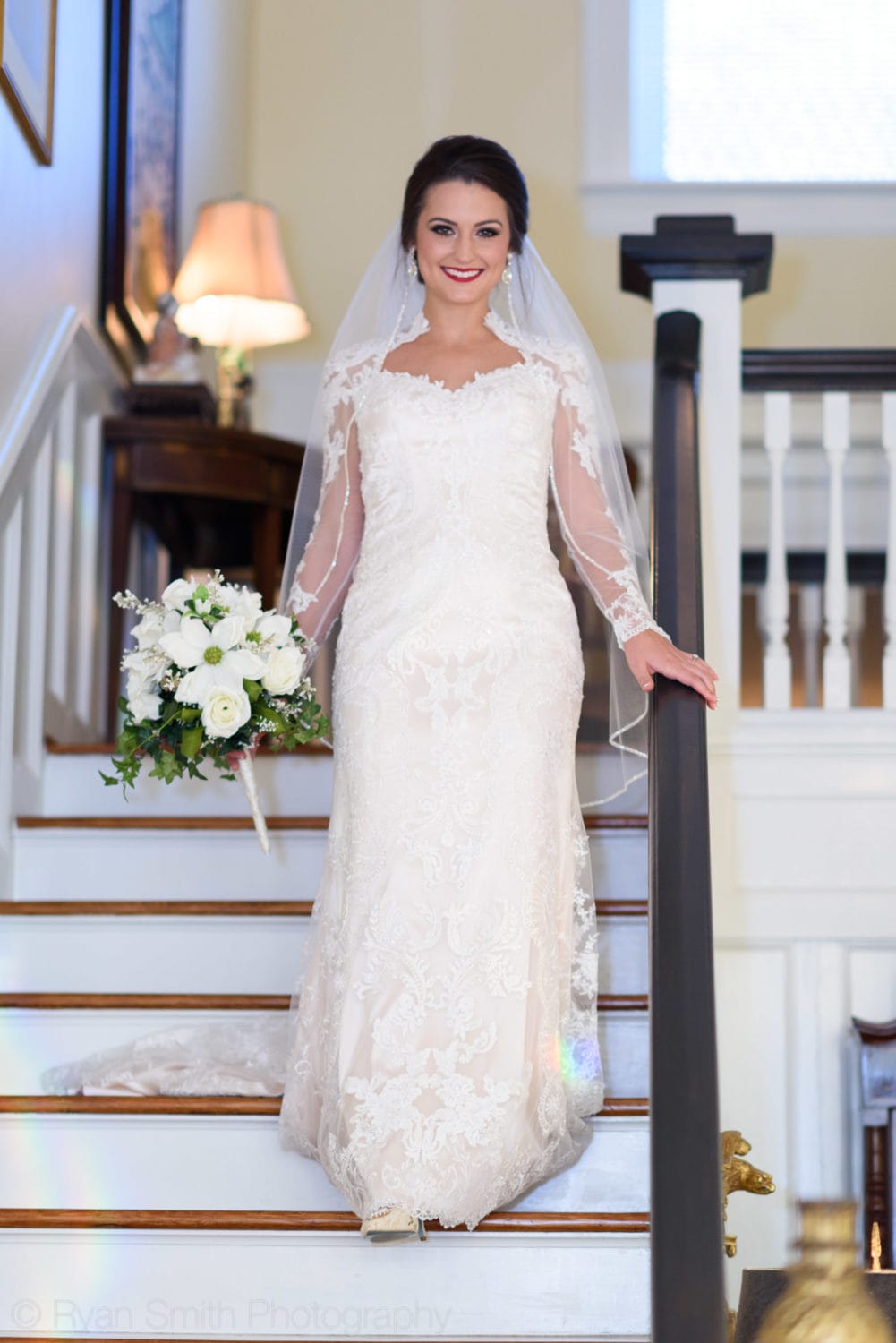 Bride walking down steps - Rosewood Manor - Marion - Rosewood Manor, Marion
