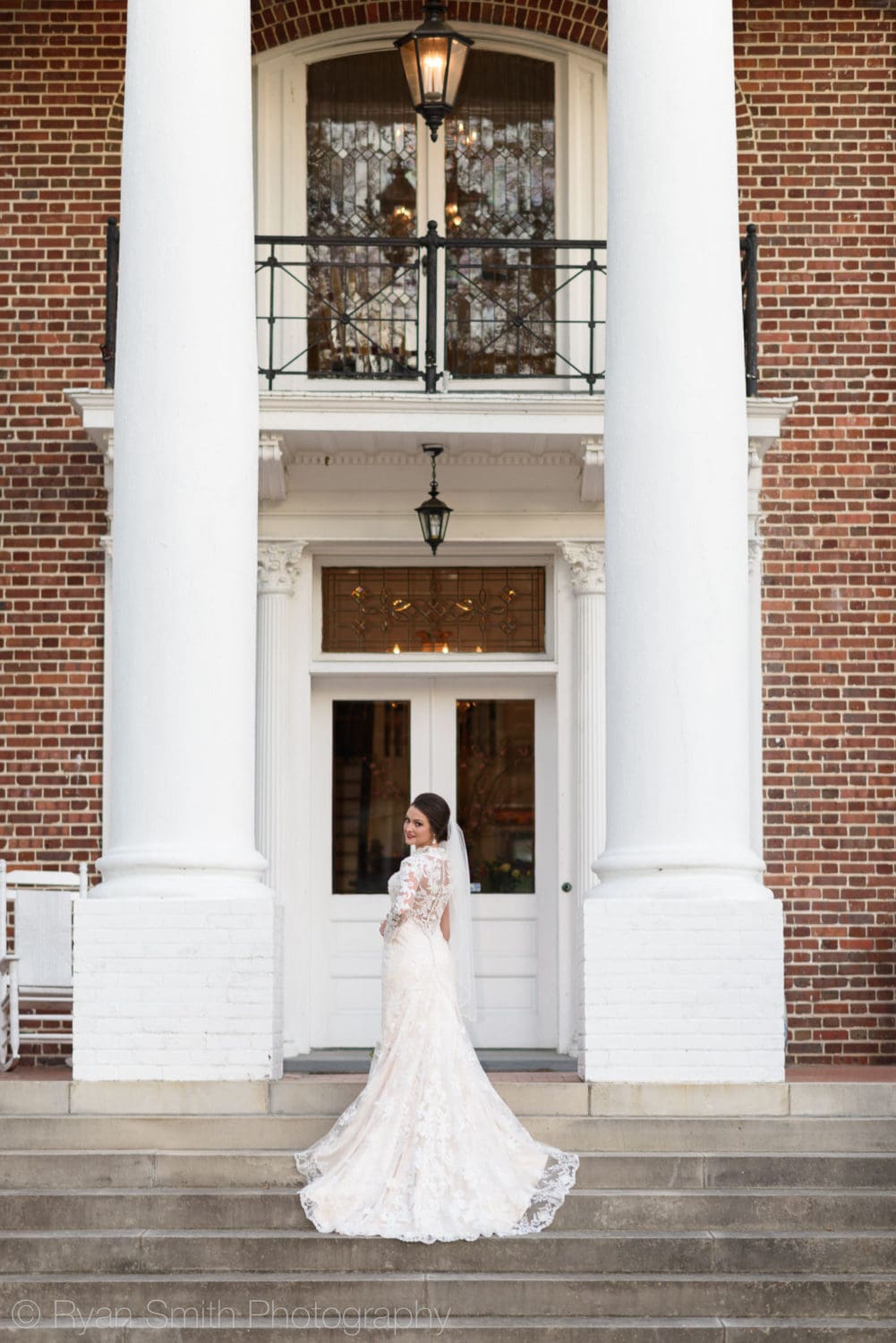 Bride walking up entry steps - Rosewood Manor - Marion - Rosewood Manor, Marion