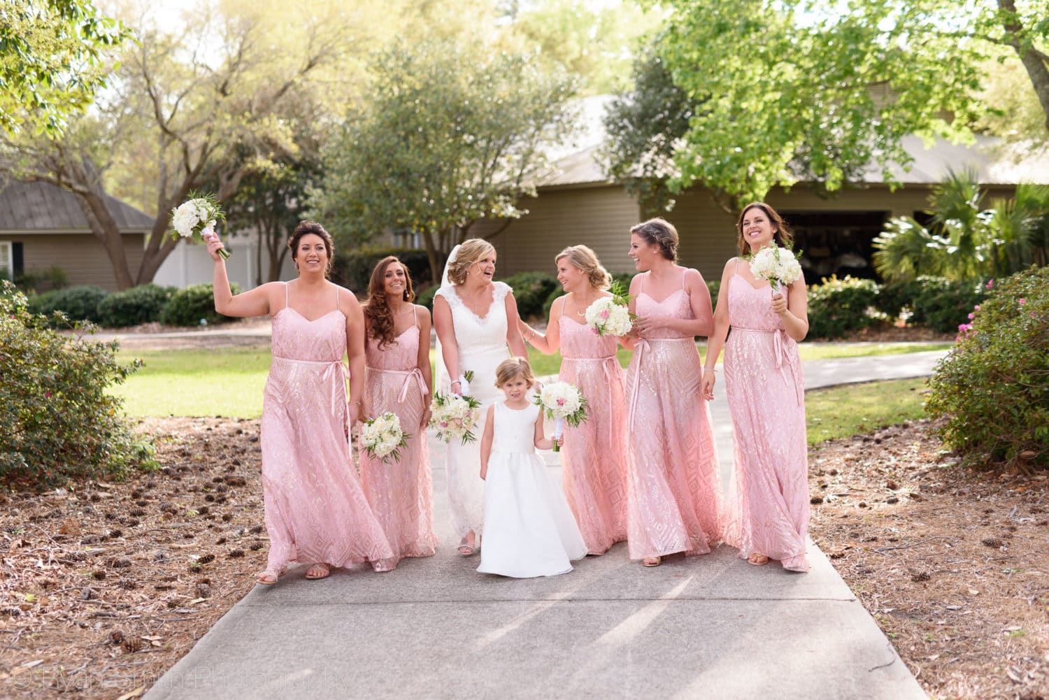 Bridesmaids having fun together after the ceremony - Pawleys Plantation