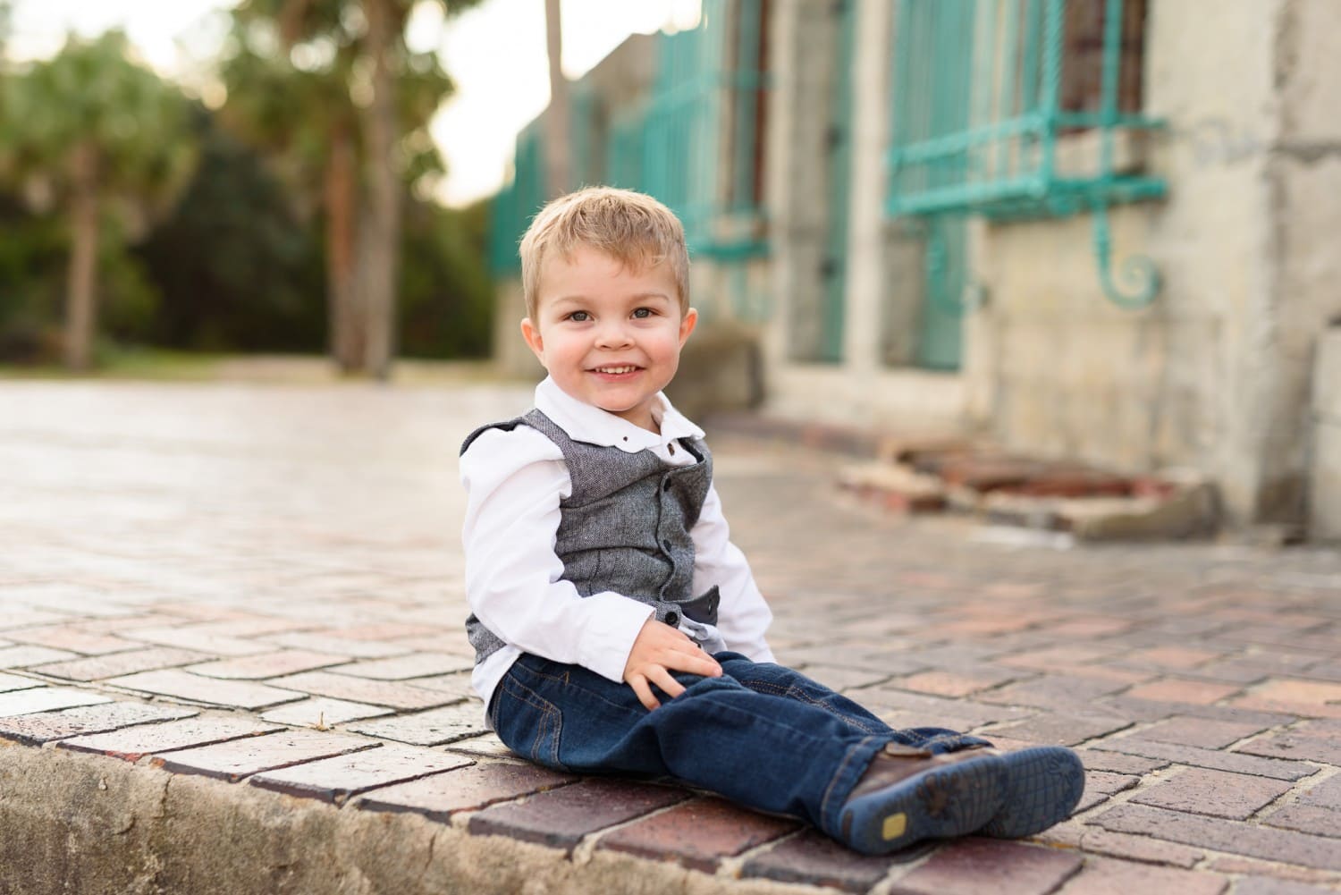 Little boy with a big smile on the castle stoop - Huntington State Park -