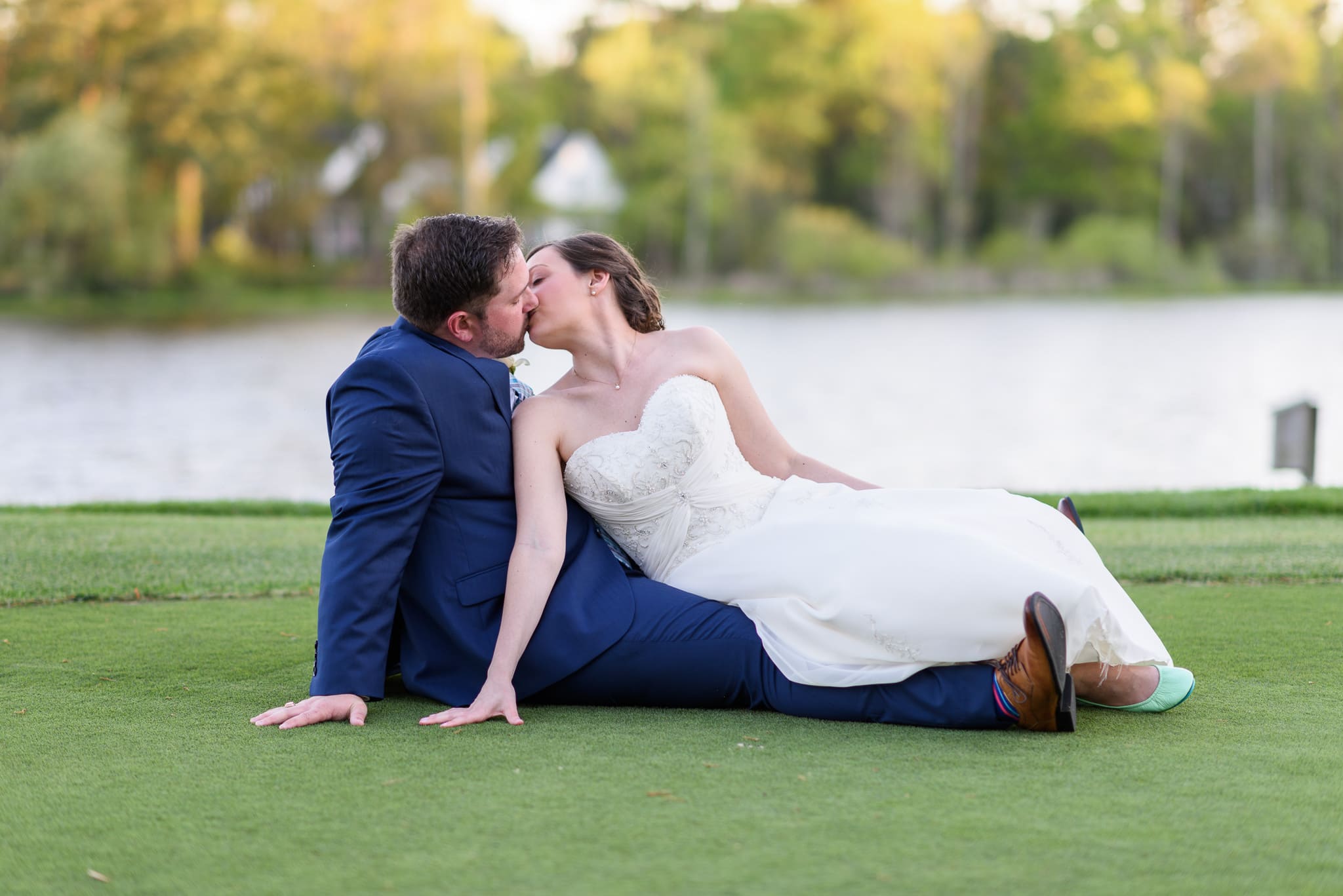 Portraits of the bride and groom on the golf course at sunset - Pawleys Plantation