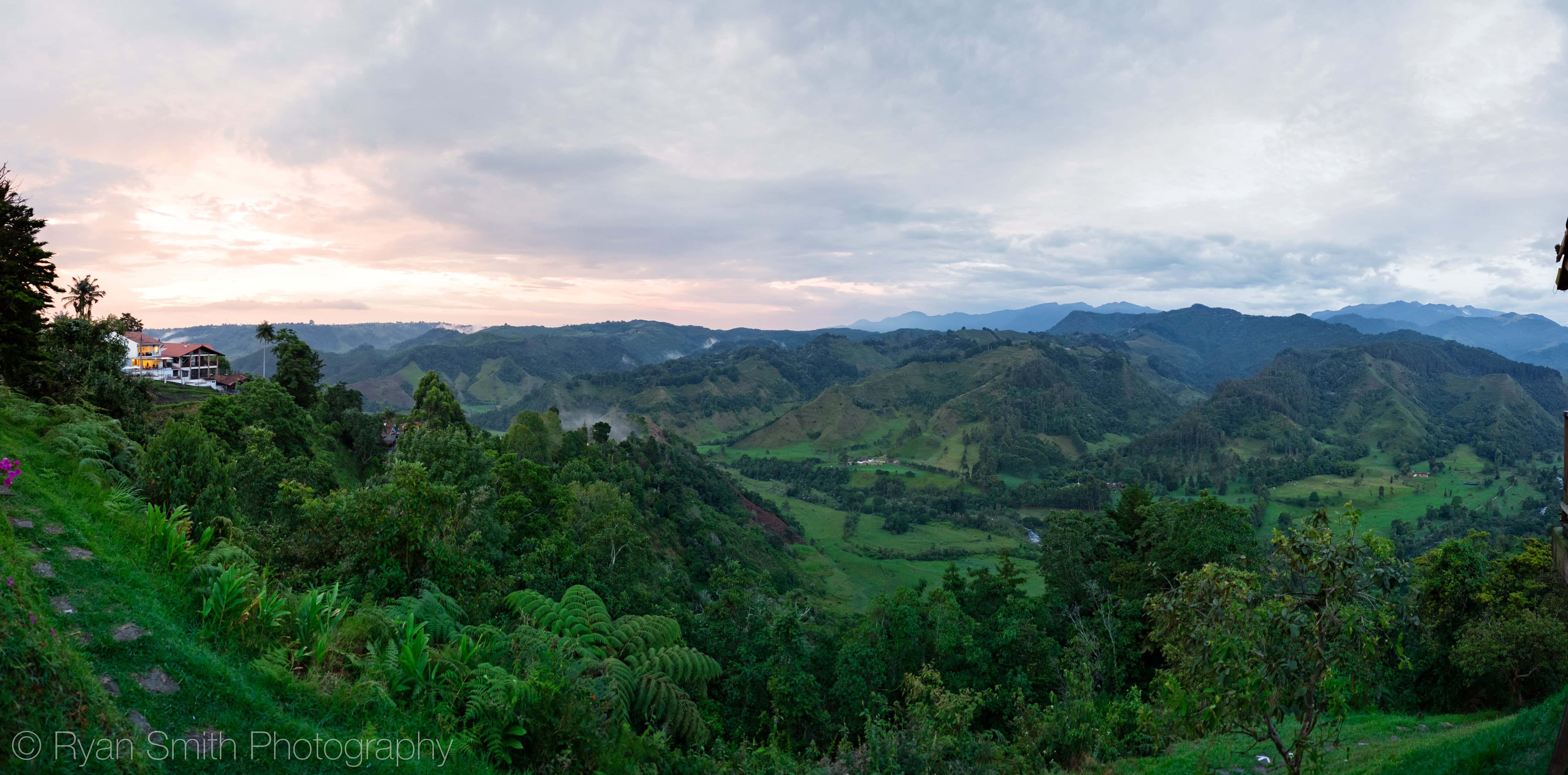 Beautiful sunset in the valley while hiking at Salento in Colombia
