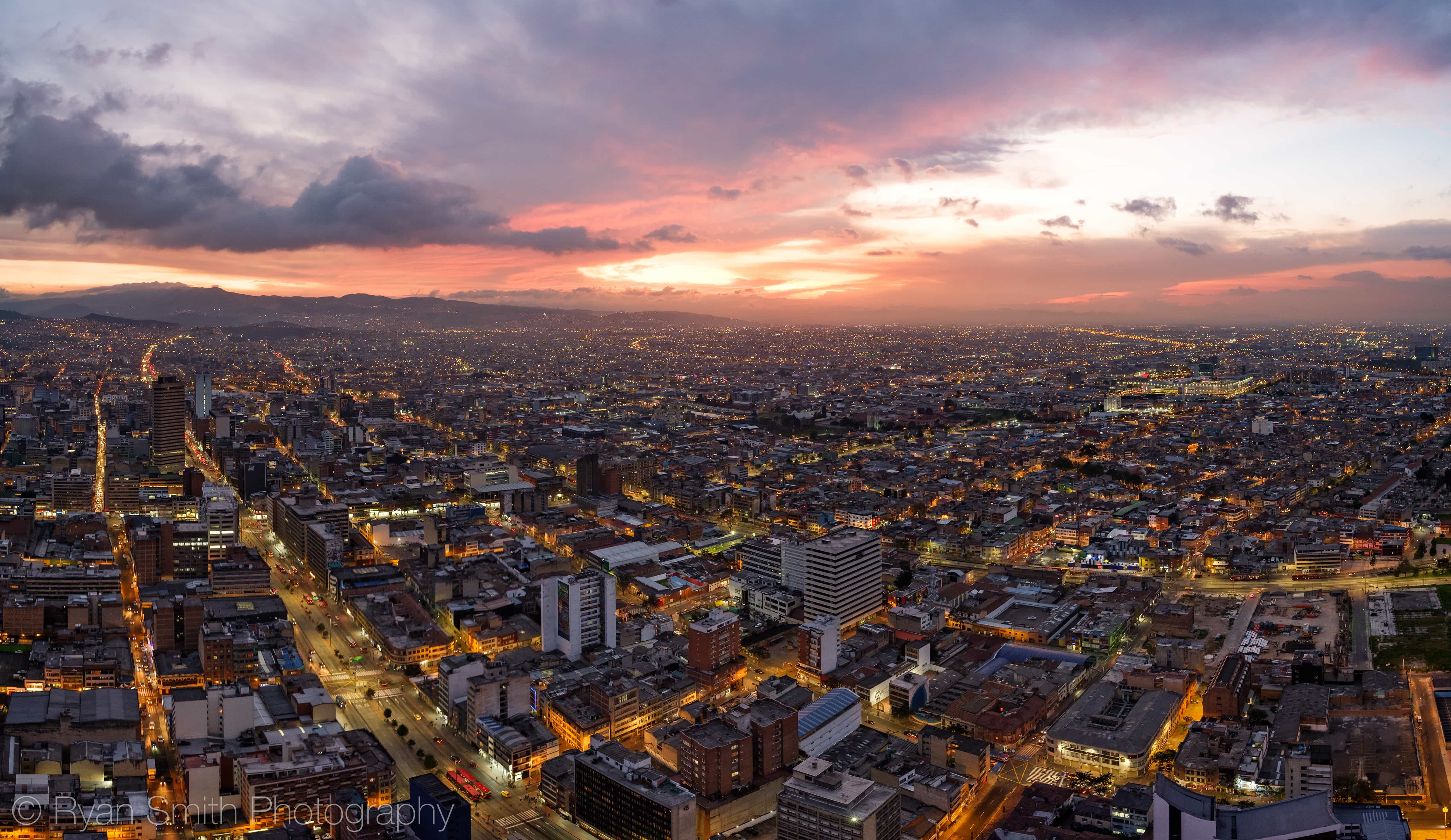 A panorama taken from the top of the Torre Colpatri of Bogota after sunset