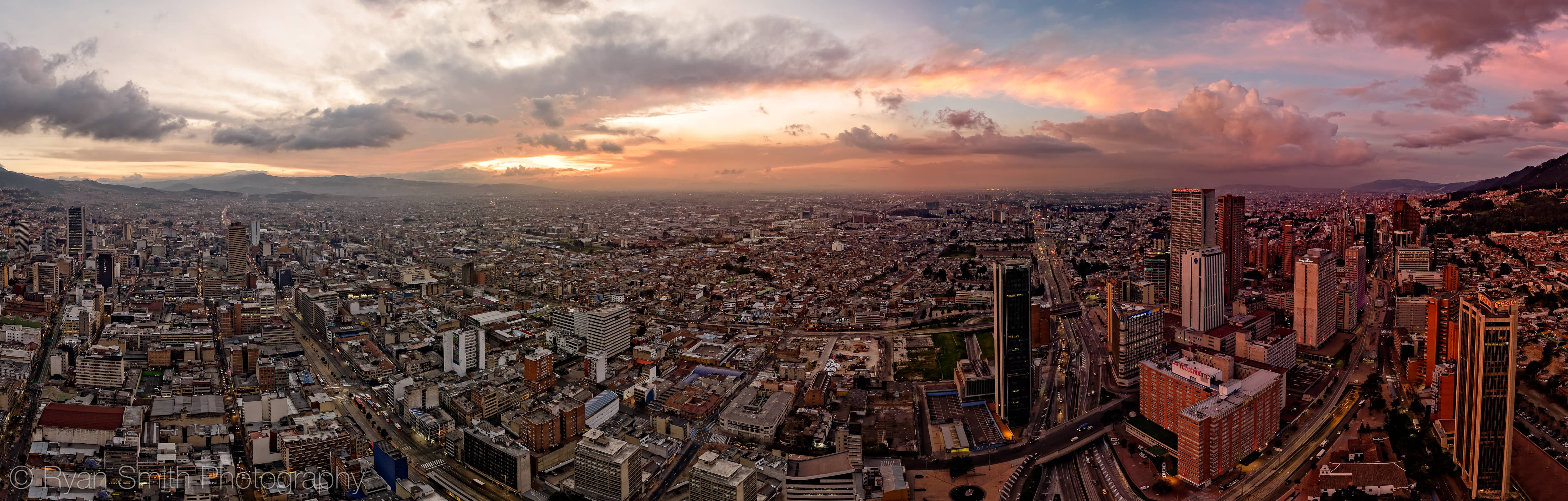 A panorama taken from the top of the Torre Colpatri of Bogota before sunset