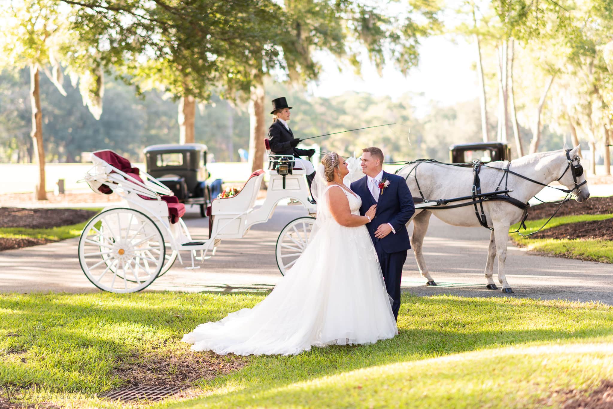 Bride and groom looking at each other in front of carriage