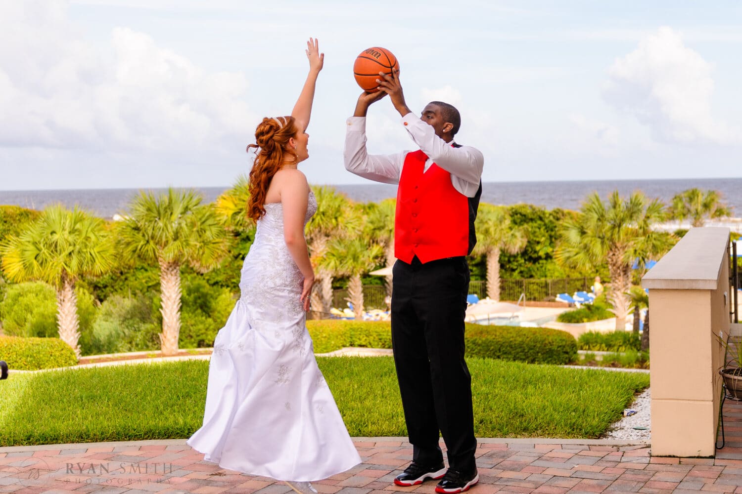 Bride and groom playing basketball - Ocean Club Myrtle Beach