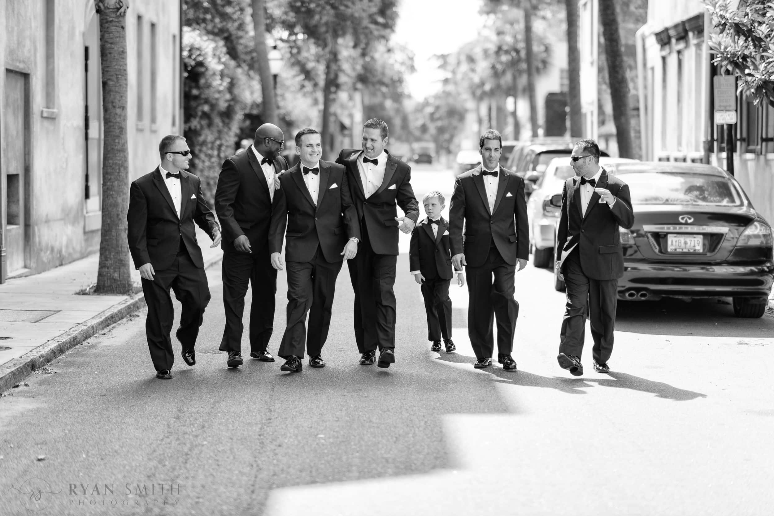 Groomsmen walking down the street together - Downtown Charleston, SC
