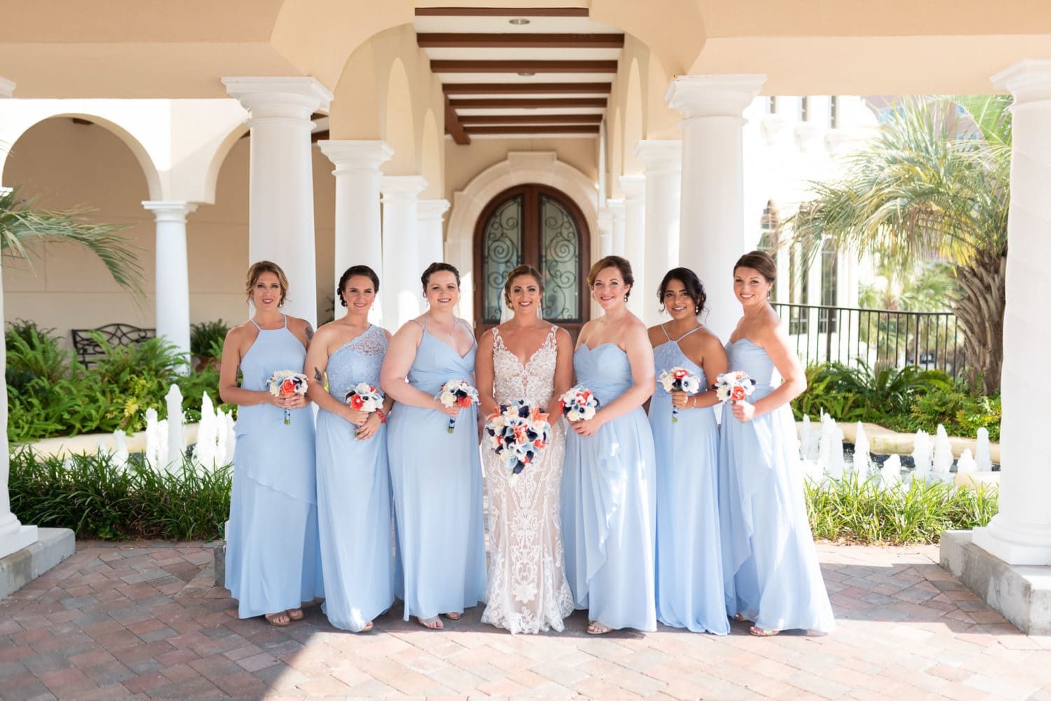 Bridal party pictures by the front columns Grande Dunes Ocean Club - Myrtle Beach