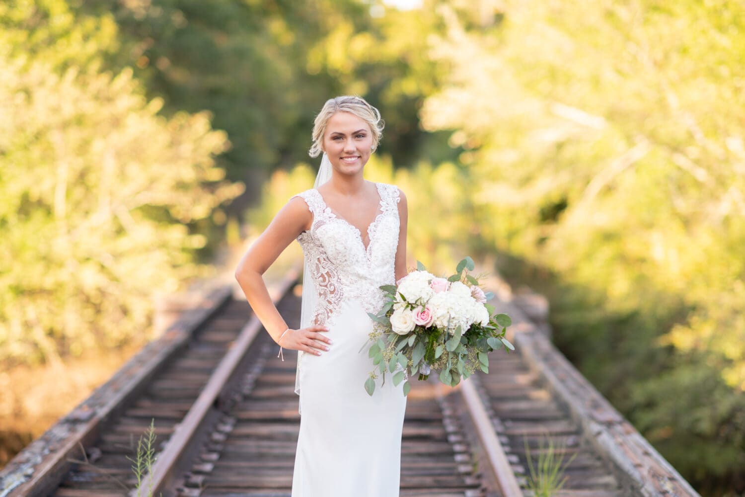 Bride on the train tracks - Conway River Walk