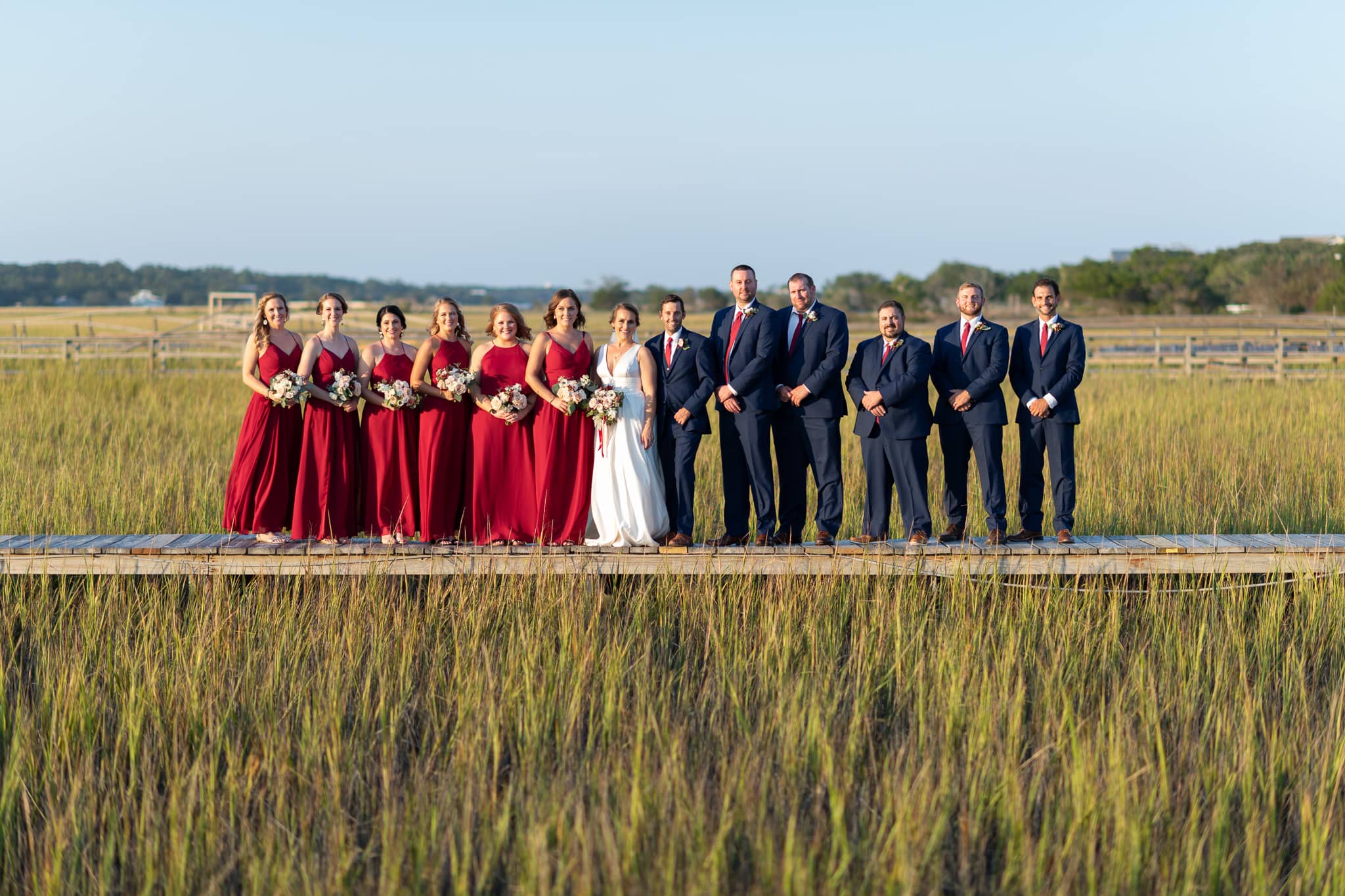Entire bridal party on the marsh boardwalk - Pawleys Island Chapel