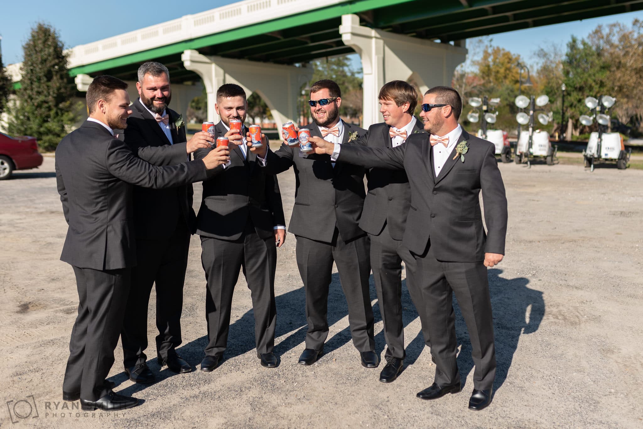 Groomsmen having a beer before the ceremony - Peanut Warehouse - Conway