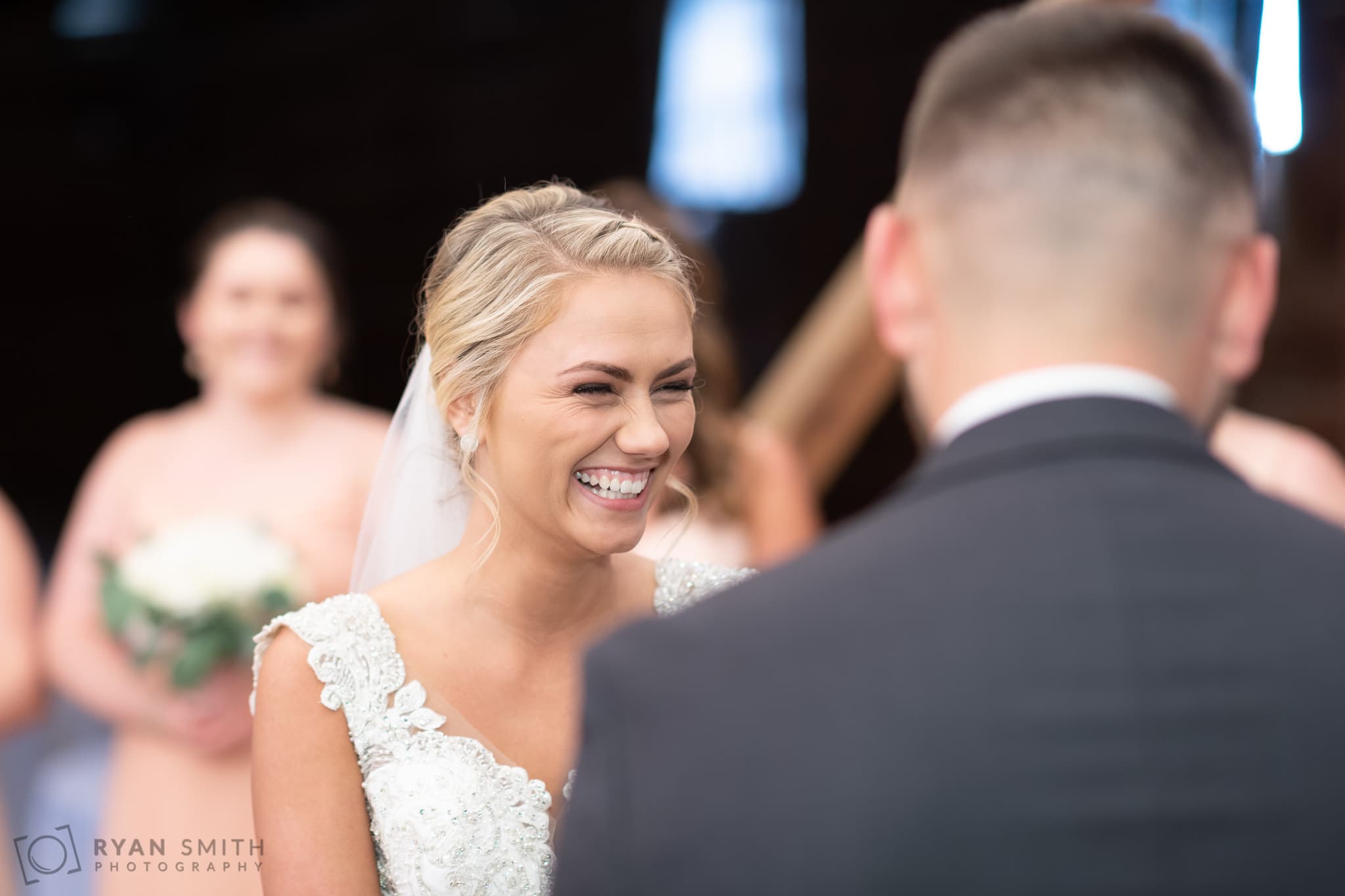 Happy bride during their vows - Peanut Warehouse - Conway