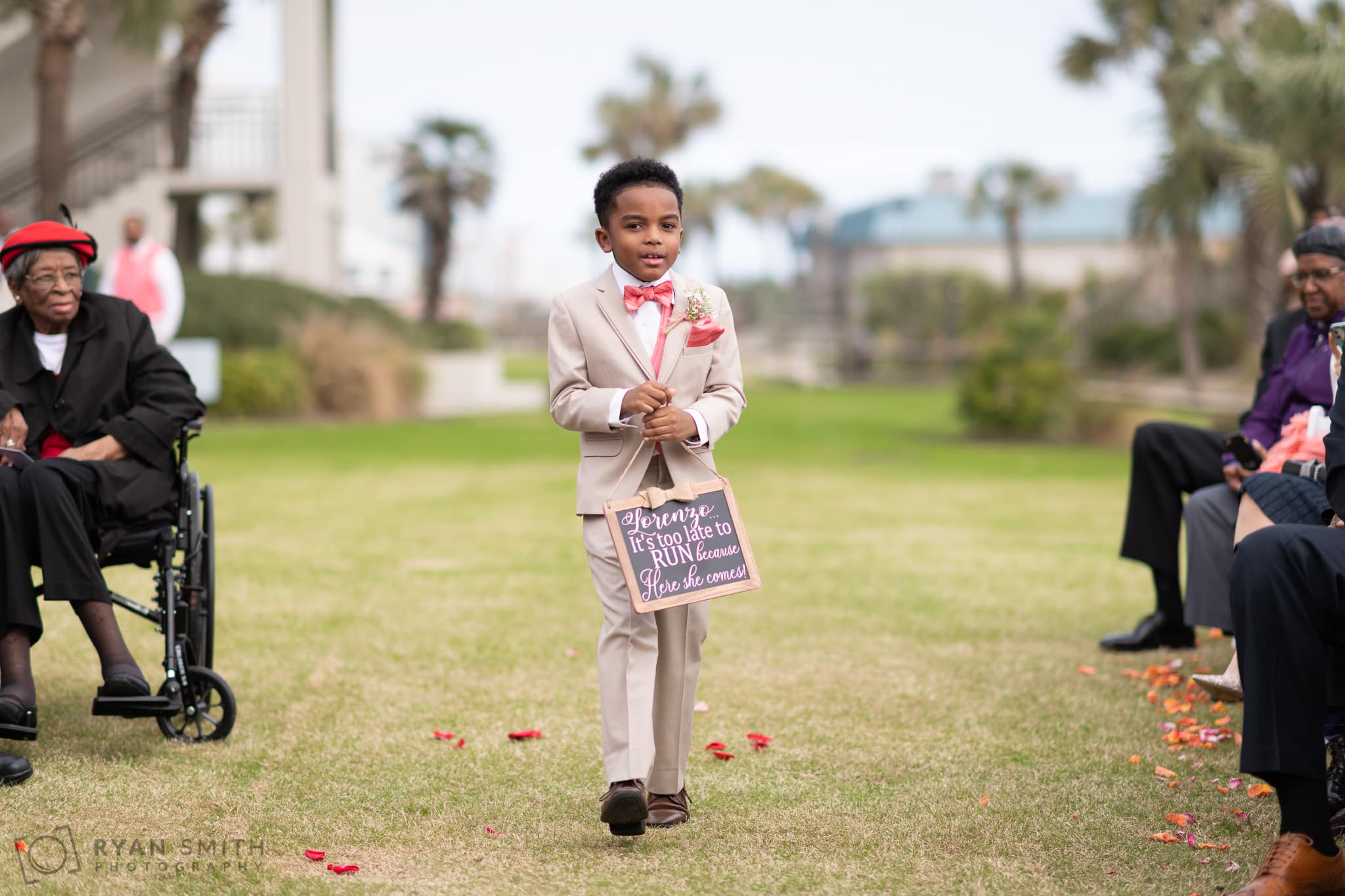 Ring bearer with it's too late to run sign - Doubletree Resort - Myrtle Beach