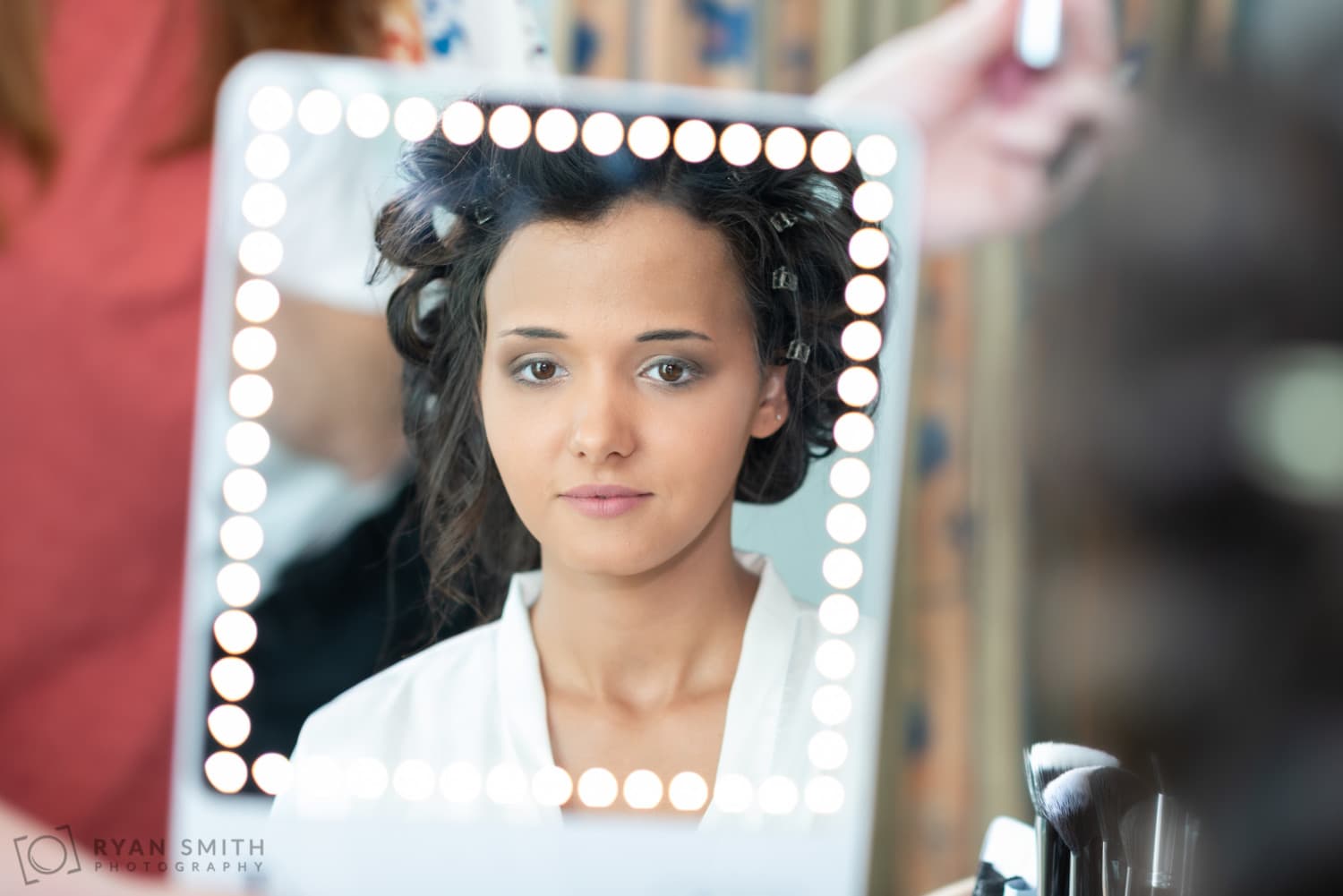 Bride viewing her makeup in the mirror - Avista Resort - North Myrtle Beach