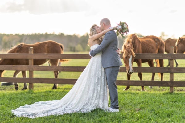 Bride and groom kissing with horses in the background - Wildhorse at Parker Farms