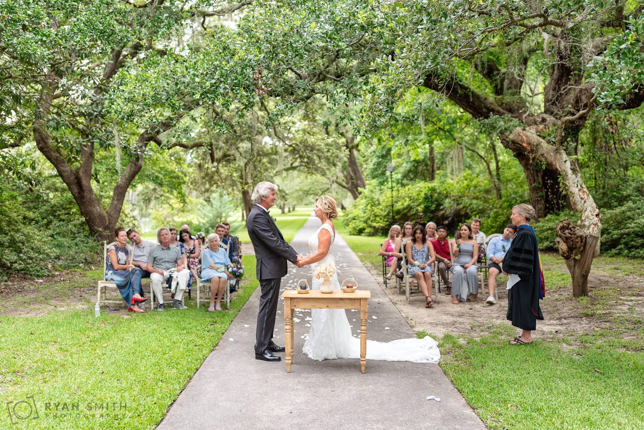 Bride and groom holding hands during the ceremony - Holiday Cottage - Brookgreen Gardens