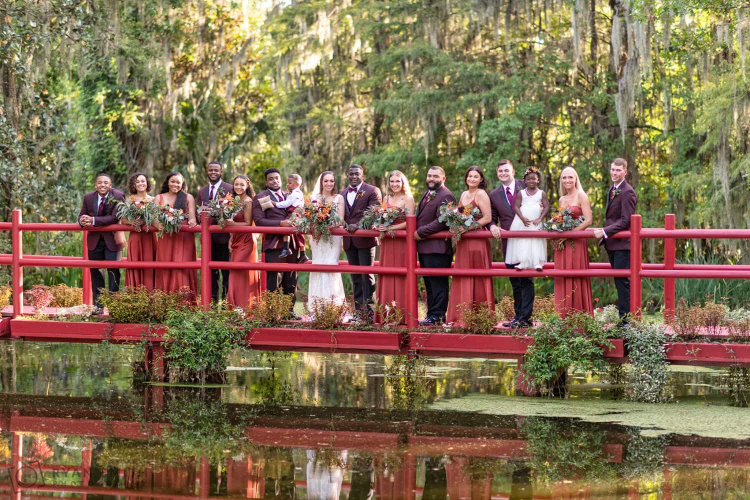 Bridal party on the red bridge  - Magnolia Plantation - Charleston, SC