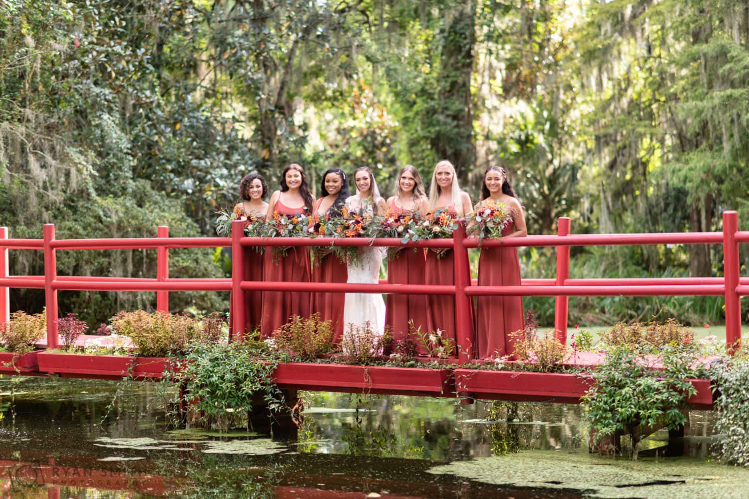 Bridesmaids on the red bridge  - Magnolia Plantation - Charleston, SC