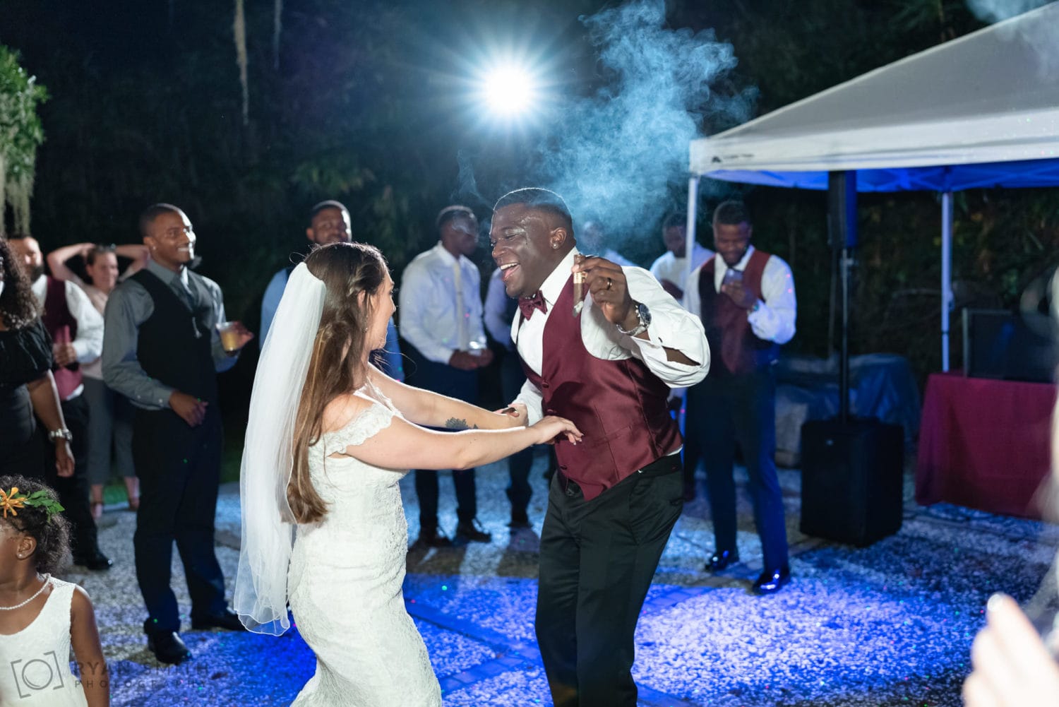 Fun dancing at outdoor reception - Magnolia Plantation - Charleston, SC