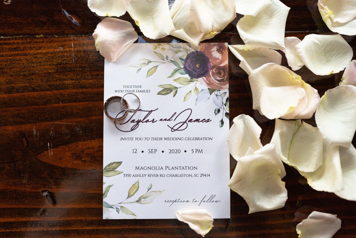 Invitation surrounded by flower petals - Magnolia Plantation - Charleston, SC