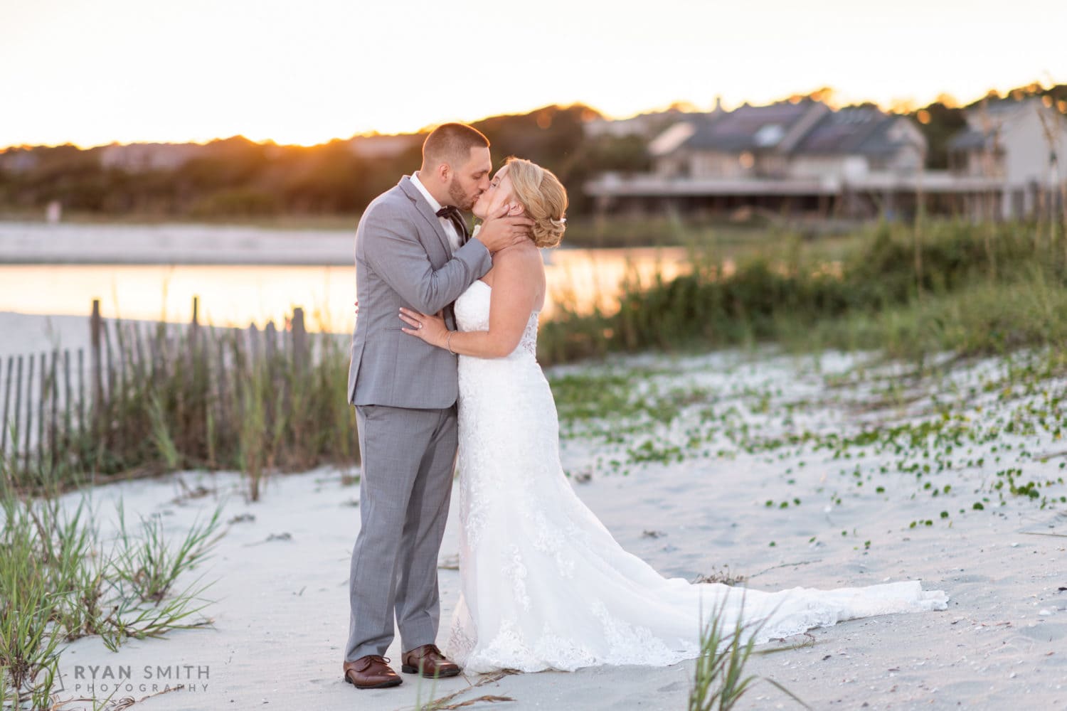 Portraits of bride and groom backlit by the sunset - 21 Main Events - North Myrtle Beach