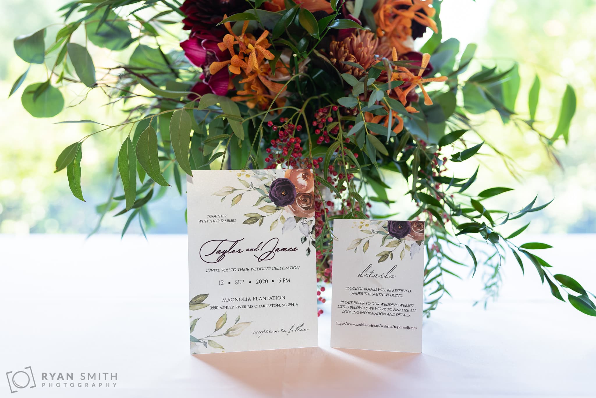 Wedding invitations leaning against the bouquet  - Magnolia Plantation - Charleston, SC