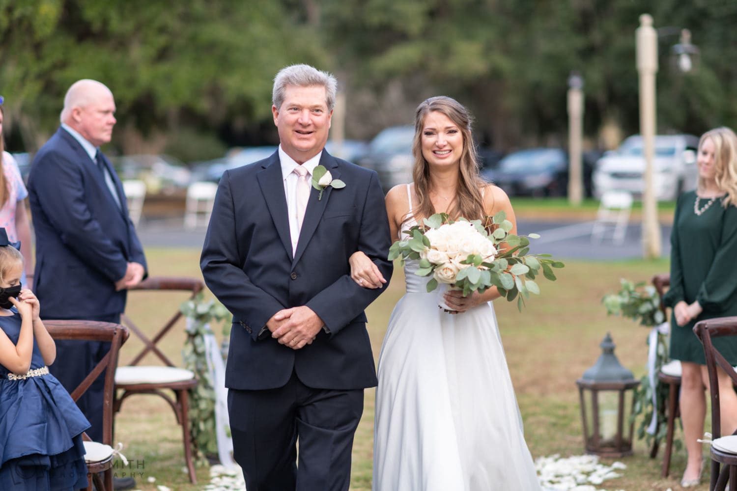 Bride getting emotional walking down the aisle with father - Kimbel's - Wachesaw Plantation